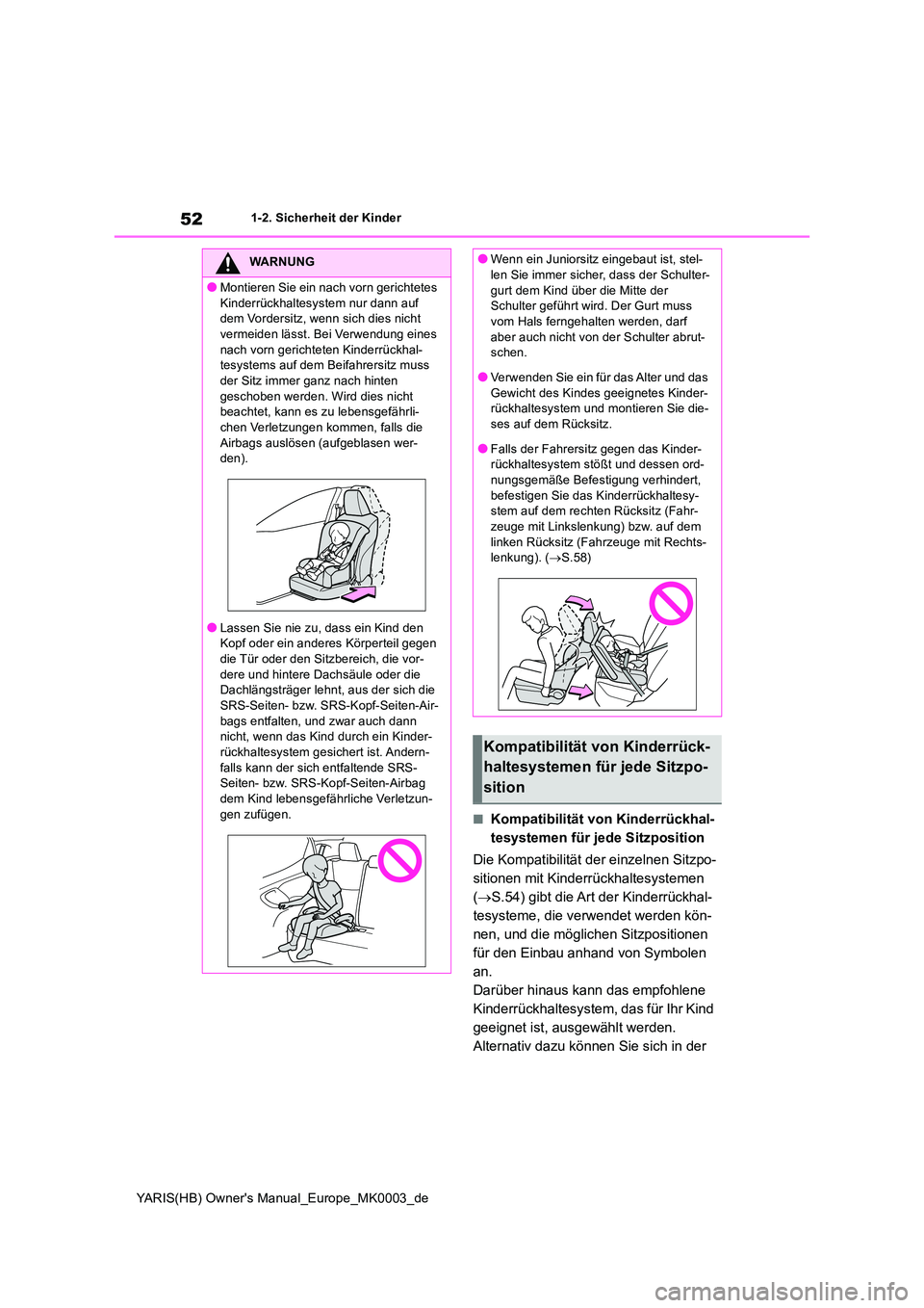 TOYOTA YARIS HATCHBACK 2021  Betriebsanleitungen (in German) 52
YARIS(HB) Owners Manual_Europe_MK0003_de
1-2. Sicherheit der Kinder
■Kompatibilität von Kinderrückhal- 
tesystemen für jede Sitzposition 
Die Kompatibilität der einzelnen Sitzpo- 
sitionen m