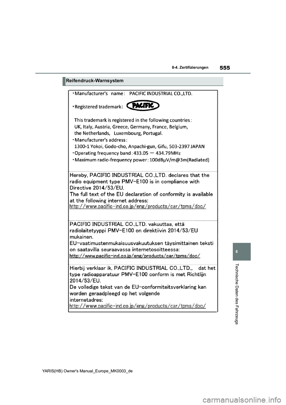 TOYOTA YARIS HATCHBACK 2021 Betriebsanleitungen (in German) 555
8
YARIS(HB) Owners Manual_Europe_MK0003_de
8-4. Zertifizierungen
Technische Daten des Fahrzeugs
Reifendruck-Warnsystem TOYOTA YARIS HATCHBACK 2021 Betriebsanleitungen (in German) 555
8
YARIS(HB) Owners Manual_Europe_MK0003_de
8-4. Zertifizierungen
Technische Daten des Fahrzeugs
Reifendruck-Warnsystem