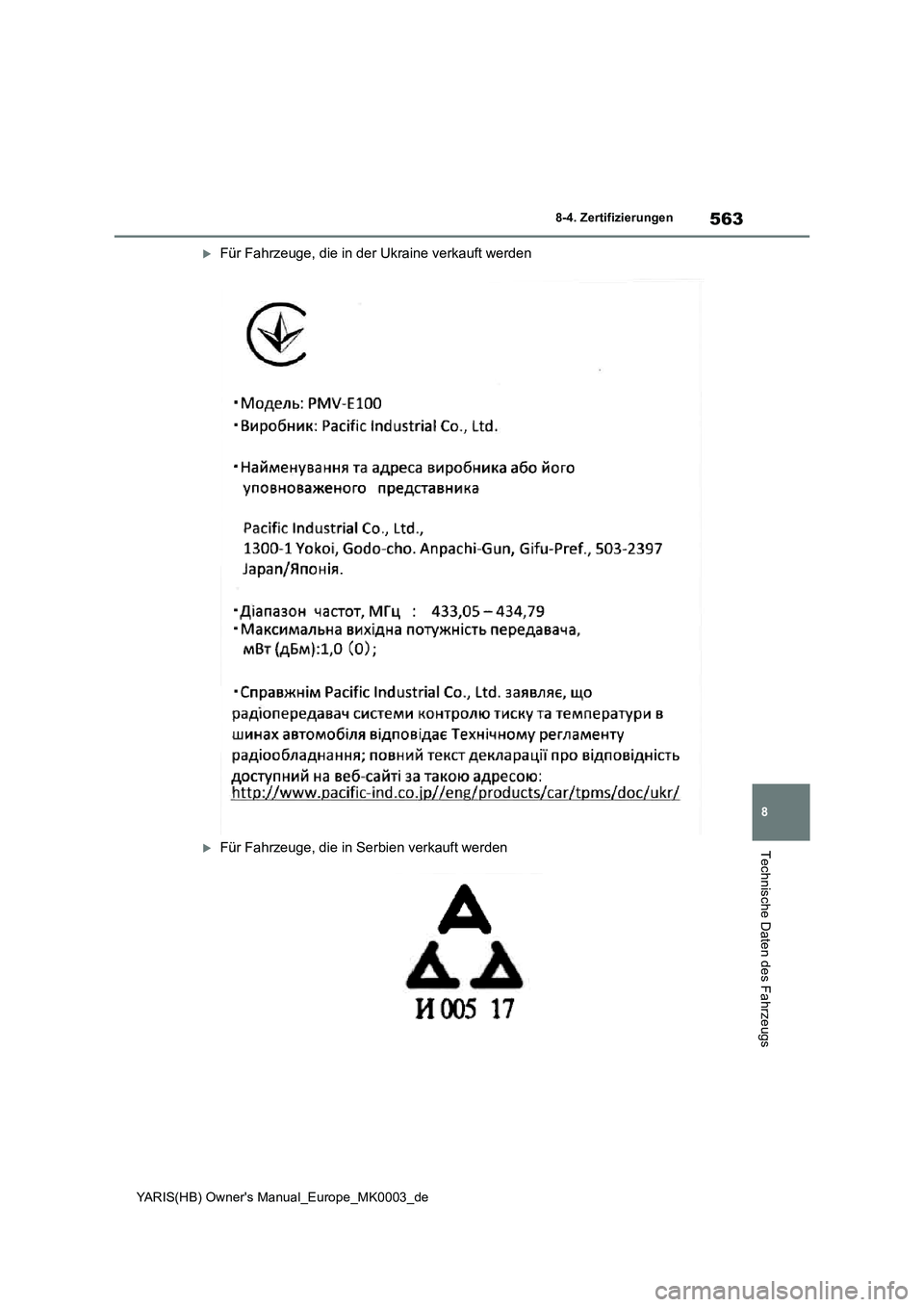 TOYOTA YARIS HATCHBACK 2021  Betriebsanleitungen (in German) 563
8
YARIS(HB) Owners Manual_Europe_MK0003_de
8-4. Zertifizierungen
Technische Daten des Fahrzeugs
Für Fahrzeuge, die in der Ukraine verkauft werden
Für Fahrzeuge, die in Serbien verkauft we