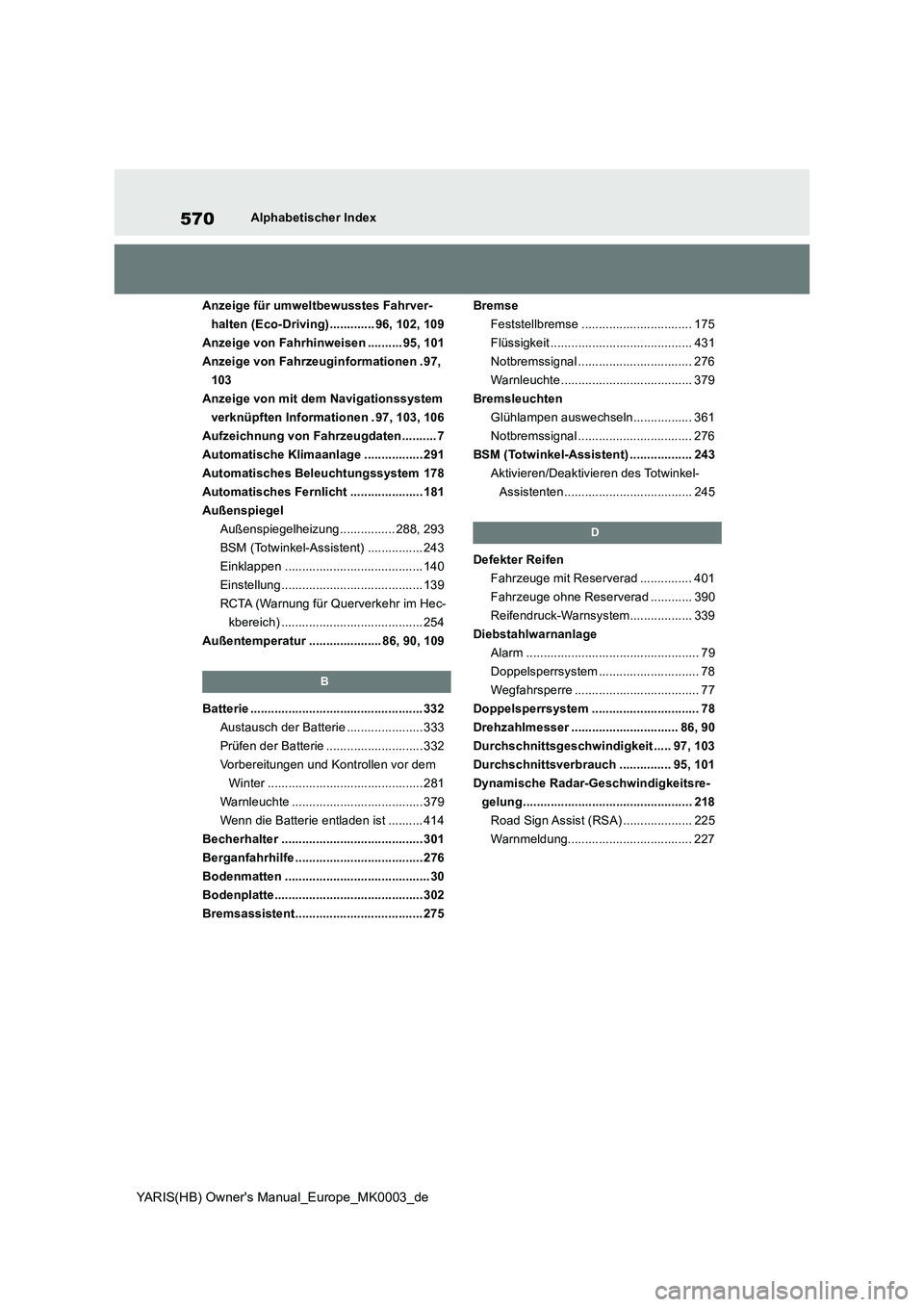 TOYOTA YARIS HATCHBACK 2021  Betriebsanleitungen (in German) 570
YARIS(HB) Owners Manual_Europe_MK0003_de
Alphabetischer Index
Anzeige für umweltbewusstes Fahrver-
halten (Eco-Driving)............. 96, 102, 109
Anzeige von Fahrhinweisen .......... 95, 101
Anz