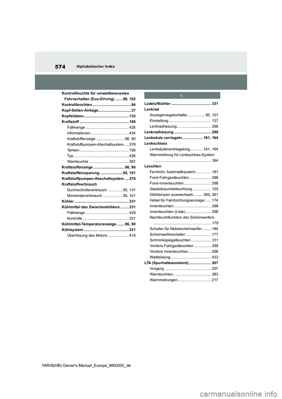 TOYOTA YARIS HATCHBACK 2021 Betriebsanleitungen (in German) 574
YARIS(HB) Owners Manual_Europe_MK0003_de
Alphabetischer Index
Kontrollleuchte für umweltbewusstes
Fahrverhalten (Eco-Driving) ....... 96, 102
Kontrollleuchten .................................. TOYOTA YARIS HATCHBACK 2021 Betriebsanleitungen (in German) 574
YARIS(HB) Owners Manual_Europe_MK0003_de
Alphabetischer Index
Kontrollleuchte für umweltbewusstes
Fahrverhalten (Eco-Driving) ....... 96, 102
Kontrollleuchten ..................................