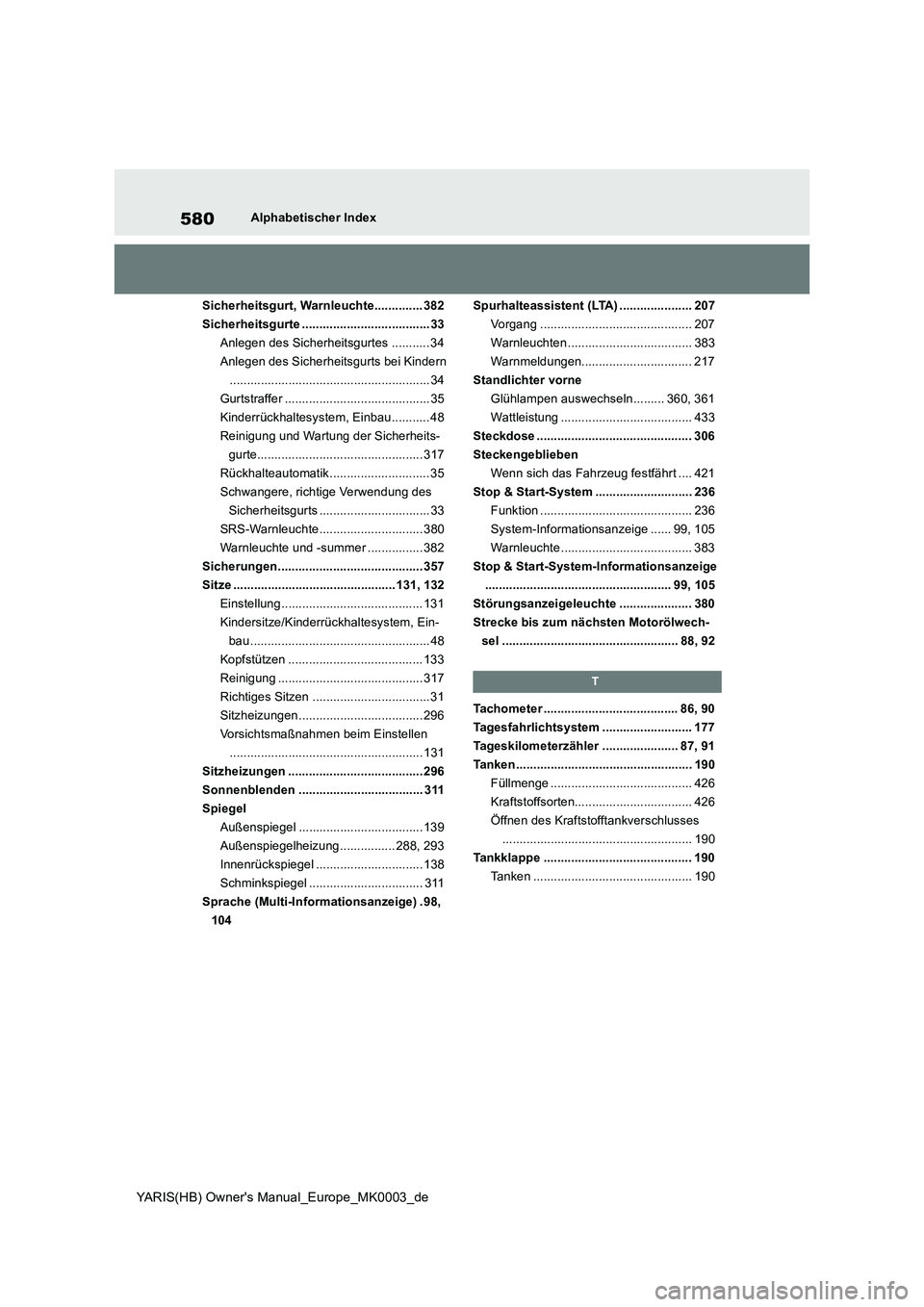 TOYOTA YARIS HATCHBACK 2021 Betriebsanleitungen (in German) 580
YARIS(HB) Owners Manual_Europe_MK0003_de
Alphabetischer Index
Sicherheitsgurt, Warnleuchte.............. 382
Sicherheitsgurte ..................................... 33
Anlegen des Sicherheitsgurte TOYOTA YARIS HATCHBACK 2021 Betriebsanleitungen (in German) 580
YARIS(HB) Owners Manual_Europe_MK0003_de
Alphabetischer Index
Sicherheitsgurt, Warnleuchte.............. 382
Sicherheitsgurte ..................................... 33
Anlegen des Sicherheitsgurte
