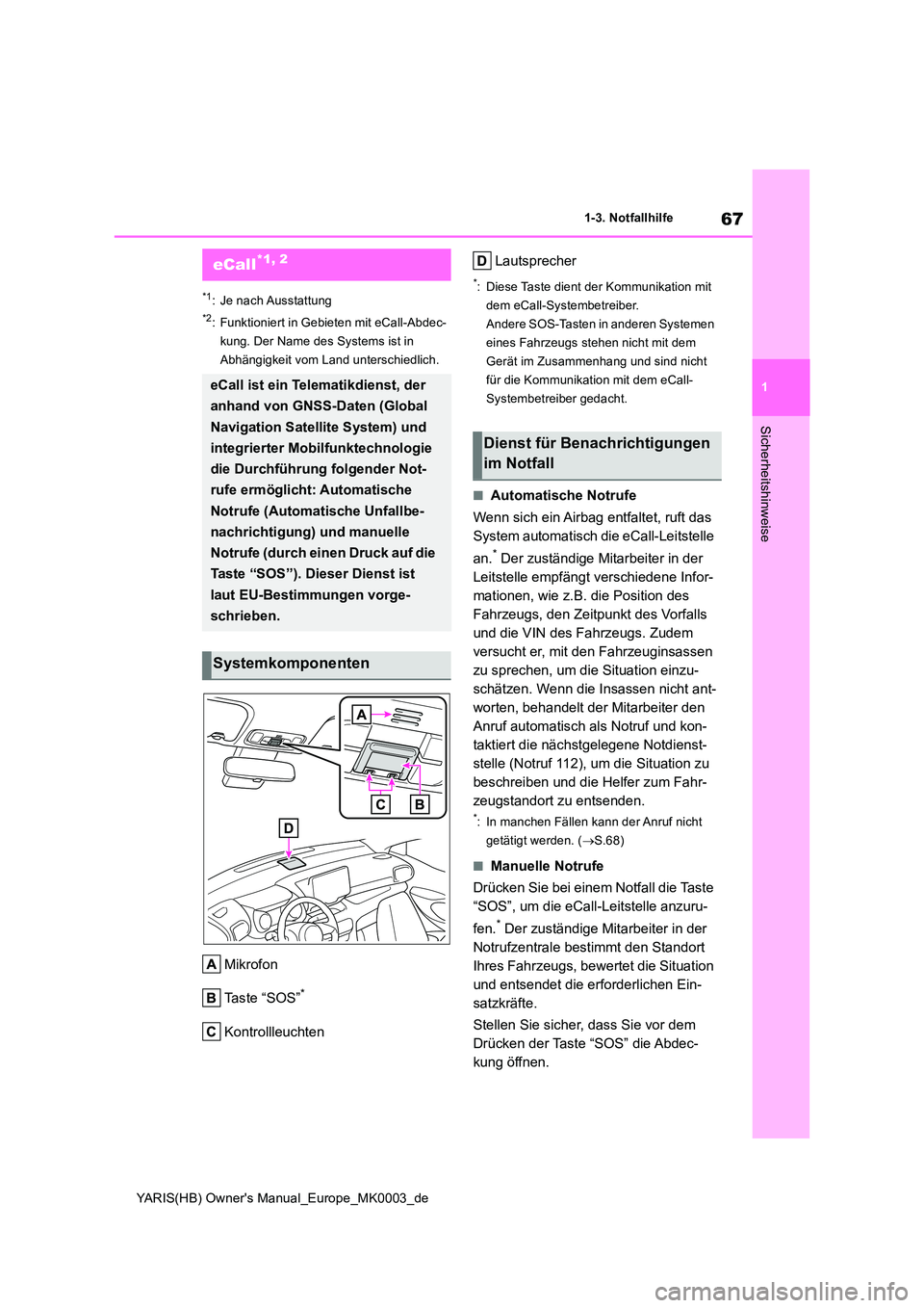 TOYOTA YARIS HATCHBACK 2021 Betriebsanleitungen (in German) 67
1
YARIS(HB) Owners Manual_Europe_MK0003_de
1-3. Notfallhilfe
Sicherheitshinweise
1-3.Notfallhilfe
*1: Je nach Ausstattung
*2: Funktioniert in Gebieten mit eCall-Abdec-
kung. Der Name des Systems TOYOTA YARIS HATCHBACK 2021 Betriebsanleitungen (in German) 67
1
YARIS(HB) Owners Manual_Europe_MK0003_de
1-3. Notfallhilfe
Sicherheitshinweise
1-3.Notfallhilfe
*1: Je nach Ausstattung
*2: Funktioniert in Gebieten mit eCall-Abdec-
kung. Der Name des Systems