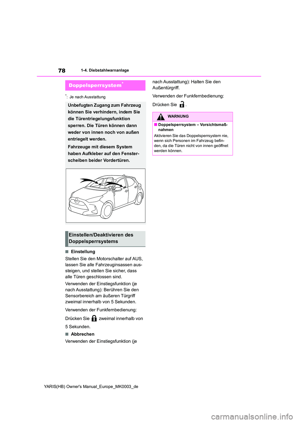 TOYOTA YARIS HATCHBACK 2021  Betriebsanleitungen (in German) 78
YARIS(HB) Owners Manual_Europe_MK0003_de
1-4. Diebstahlwarnanlage
*: Je nach Ausstattung
■Einstellung 
Stellen Sie den Motorschalter auf AUS,  
lassen Sie alle Fahrzeuginsassen aus-
steigen, und