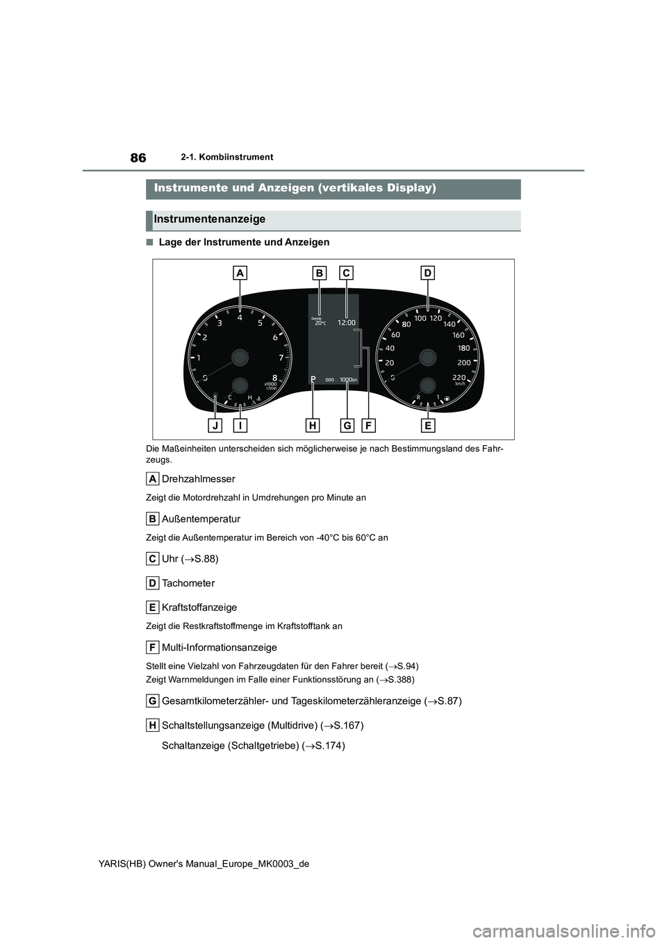 TOYOTA YARIS HATCHBACK 2021  Betriebsanleitungen (in German) 86
YARIS(HB) Owners Manual_Europe_MK0003_de
2-1. Kombiinstrument
■Lage der Instrumente und Anzeigen
Die Maßeinheiten unterscheiden sich möglicherweise je nach Bestimmungsland des Fahr-
zeugs.
Dre