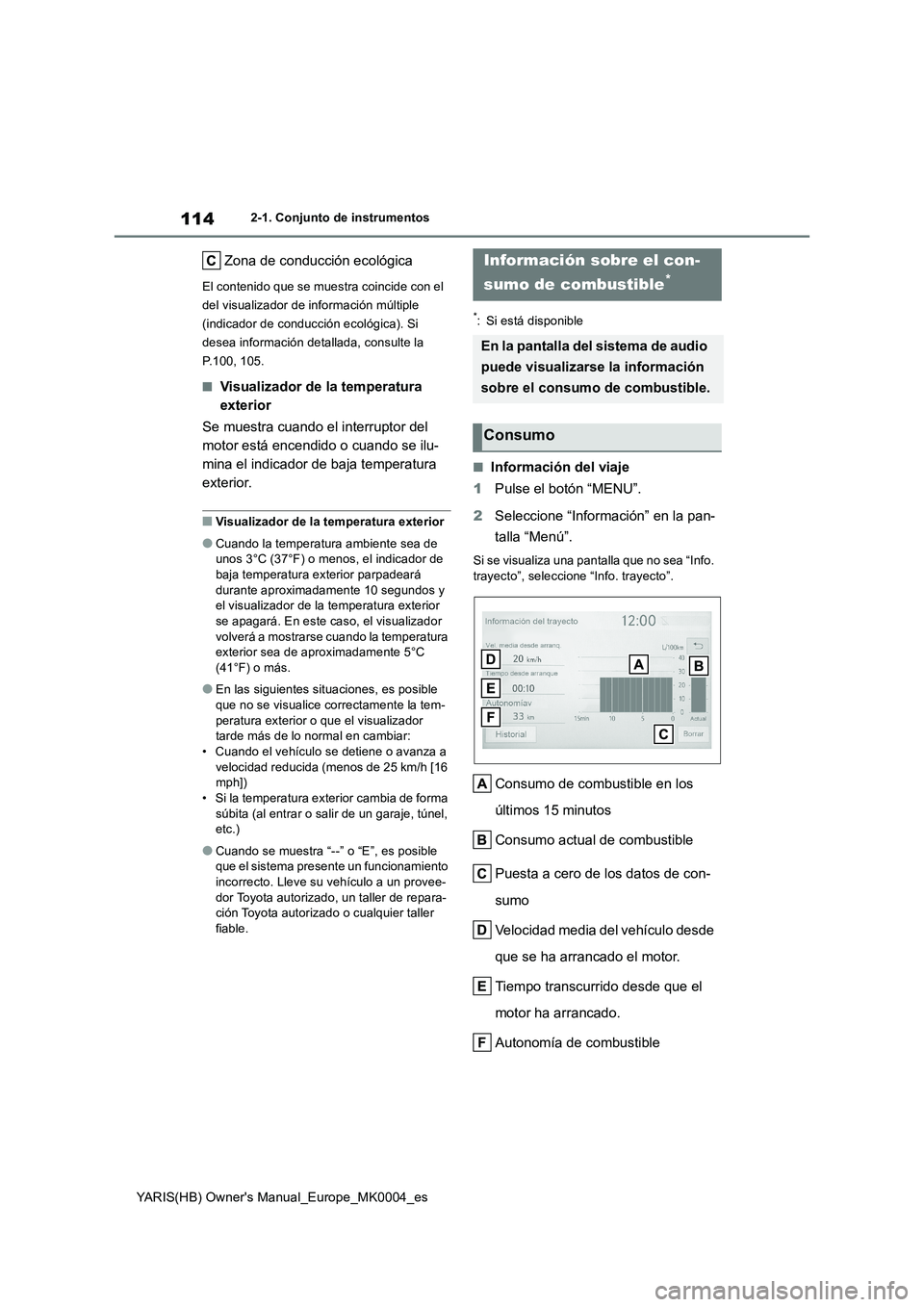 TOYOTA YARIS HATCHBACK 2021  Manual del propietario (in Spanish) 114
YARIS(HB) Owners Manual_Europe_MK0004_es
2-1. Conjunto de instrumentos
Zona de conducción ecológica
El contenido que se muestra coincide con el 
del visualizador de información múltiple 
(ind