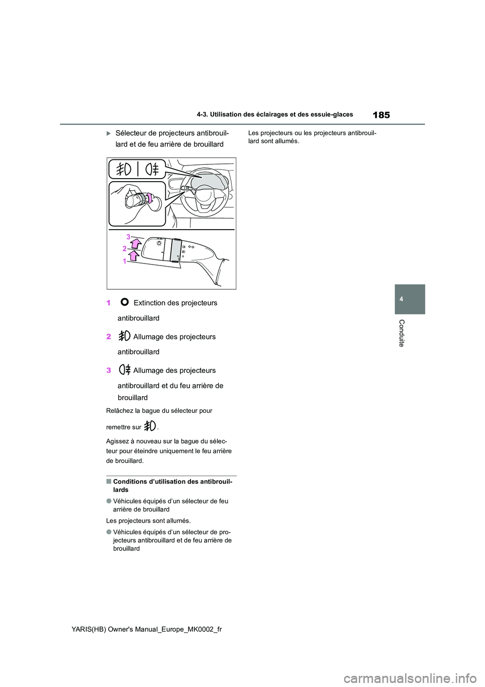 TOYOTA YARIS HATCHBACK 2021 Manuel du propriétaire (in French) 185
4
YARIS(HB) Owners Manual_Europe_MK0002_fr
4-3. Utilisation des éclairages et des essuie-glaces
Conduite
Sélecteur de projecteurs antibrouil-
lard et de feu arrière de brouillard
1 Extin TOYOTA YARIS HATCHBACK 2021 Manuel du propriétaire (in French) 185
4
YARIS(HB) Owners Manual_Europe_MK0002_fr
4-3. Utilisation des éclairages et des essuie-glaces
Conduite
Sélecteur de projecteurs antibrouil-
lard et de feu arrière de brouillard
1 Extin