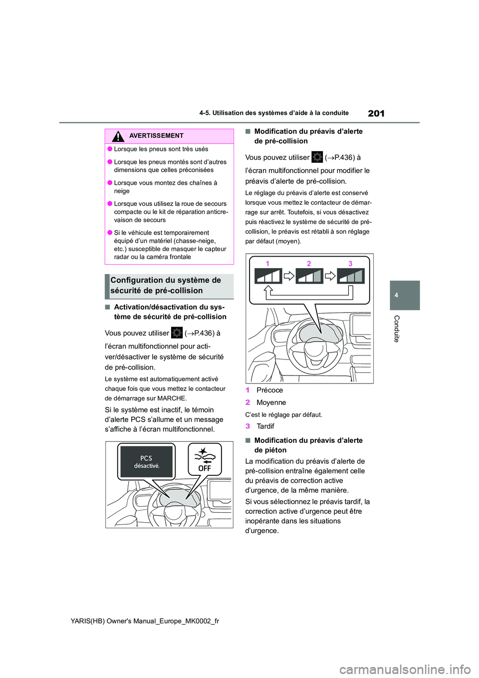 TOYOTA YARIS HATCHBACK 2021 Manuel du propriétaire (in French) 201
4
YARIS(HB) Owners Manual_Europe_MK0002_fr
4-5. Utilisation des systèmes d’aide à la conduite
Conduite■Activation/désactivation du sys-
tème de sécurité de pré-collision
Vous pouvez TOYOTA YARIS HATCHBACK 2021 Manuel du propriétaire (in French) 201
4
YARIS(HB) Owners Manual_Europe_MK0002_fr
4-5. Utilisation des systèmes d’aide à la conduite
Conduite■Activation/désactivation du sys-
tème de sécurité de pré-collision
Vous pouvez