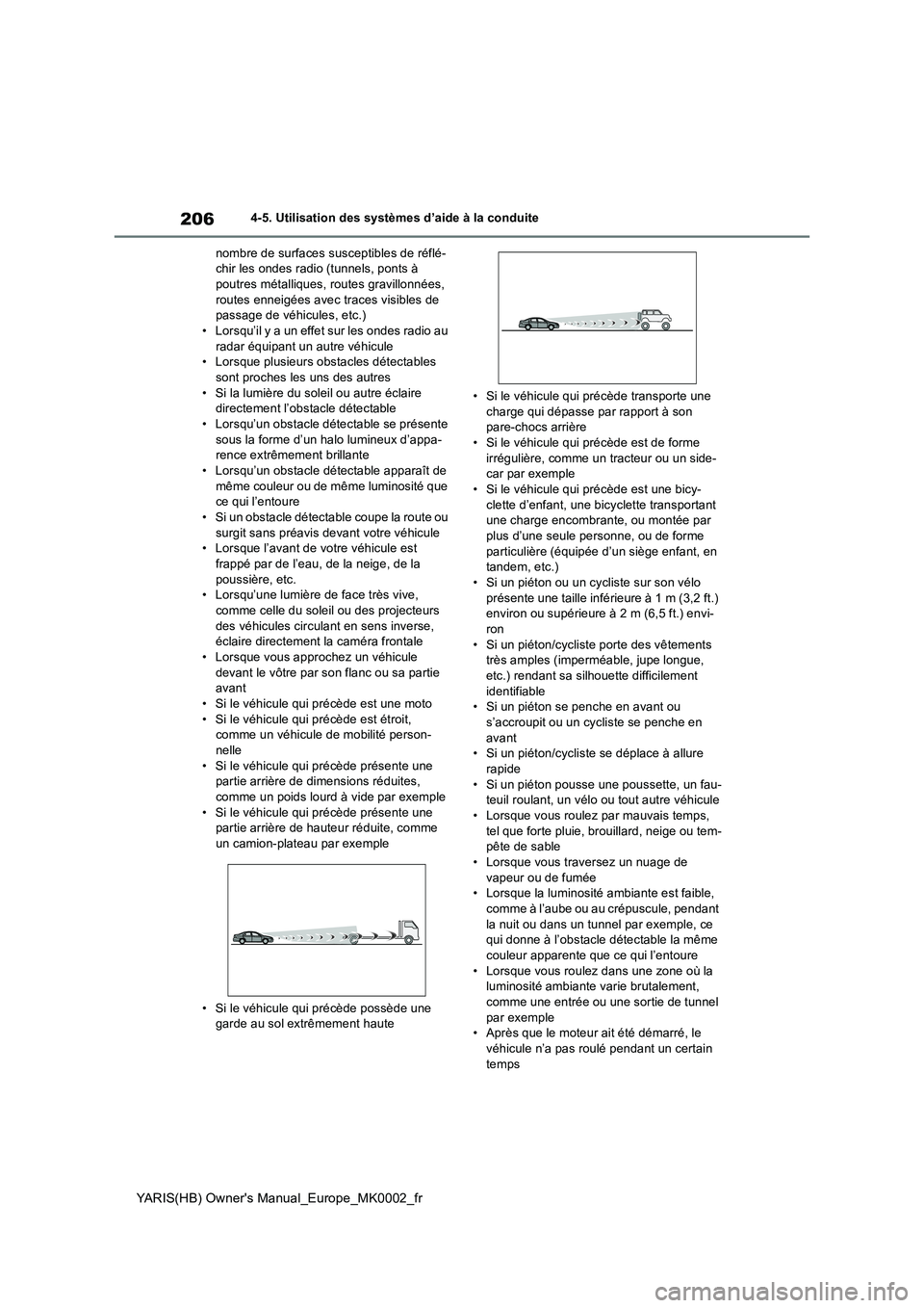 TOYOTA YARIS HATCHBACK 2021 Manuel du propriétaire (in French) 206
YARIS(HB) Owners Manual_Europe_MK0002_fr
4-5. Utilisation des systèmes d’aide à la conduite
nombre de surfaces susceptibles de réflé-
chir les ondes radio (tunnels, ponts à
poutres métal TOYOTA YARIS HATCHBACK 2021 Manuel du propriétaire (in French) 206
YARIS(HB) Owners Manual_Europe_MK0002_fr
4-5. Utilisation des systèmes d’aide à la conduite
nombre de surfaces susceptibles de réflé-
chir les ondes radio (tunnels, ponts à
poutres métal