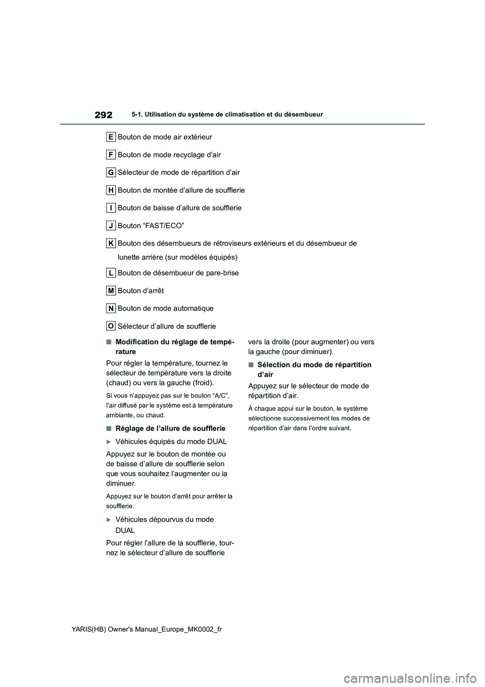 TOYOTA YARIS HATCHBACK 2021 Manuel du propriétaire (in French) 292
YARIS(HB) Owners Manual_Europe_MK0002_fr
5-1. Utilisation du système de climatisation et du désembueur
Bouton de mode air extérieur
Bouton de mode recyclage d’air
Sélecteur de mode de répa TOYOTA YARIS HATCHBACK 2021 Manuel du propriétaire (in French) 292
YARIS(HB) Owners Manual_Europe_MK0002_fr
5-1. Utilisation du système de climatisation et du désembueur
Bouton de mode air extérieur
Bouton de mode recyclage d’air
Sélecteur de mode de répa