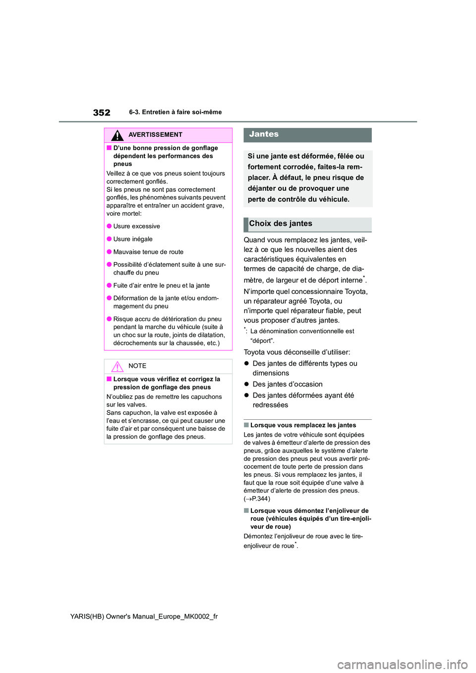 TOYOTA YARIS HATCHBACK 2021  Manuel du propriétaire (in French) 352
YARIS(HB) Owners Manual_Europe_MK0002_fr
6-3. Entretien à faire soi-même
Quand vous remplacez les jantes, veil- 
lez à ce que les nouvelles aient des 
caractéristiques équivalentes en 
terme