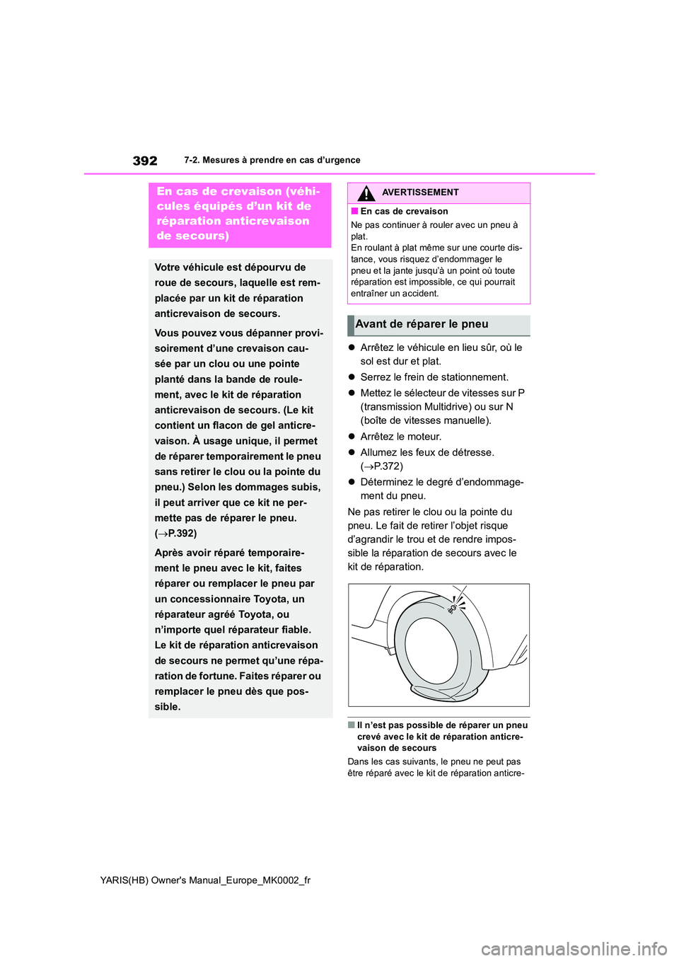 TOYOTA YARIS HATCHBACK 2021  Manuel du propriétaire (in French) 392
YARIS(HB) Owners Manual_Europe_MK0002_fr
7-2. Mesures à prendre en cas d’urgence
�zArrêtez le véhicule en lieu sûr, où le  
sol est dur et plat. 
�z Serrez le frein de stationnement. 
�z M