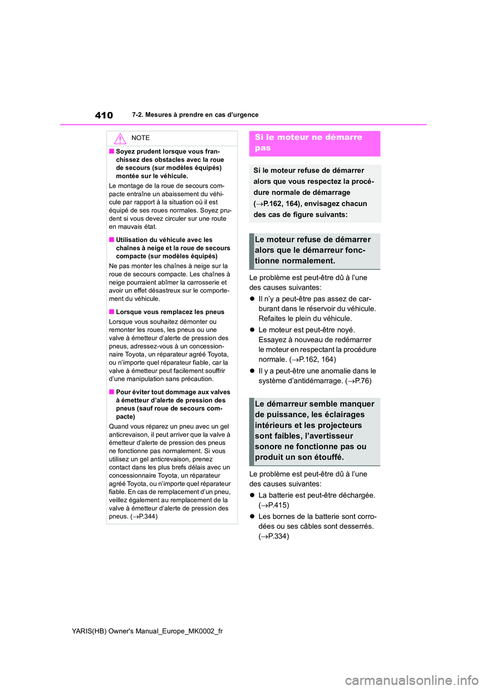 TOYOTA YARIS HATCHBACK 2021  Manuel du propriétaire (in French) 410
YARIS(HB) Owners Manual_Europe_MK0002_fr
7-2. Mesures à prendre en cas d’urgence
Le problème est peut-être dû à l’une  
des causes suivantes: 
�z Il n’y a peut-être pas assez de car- 