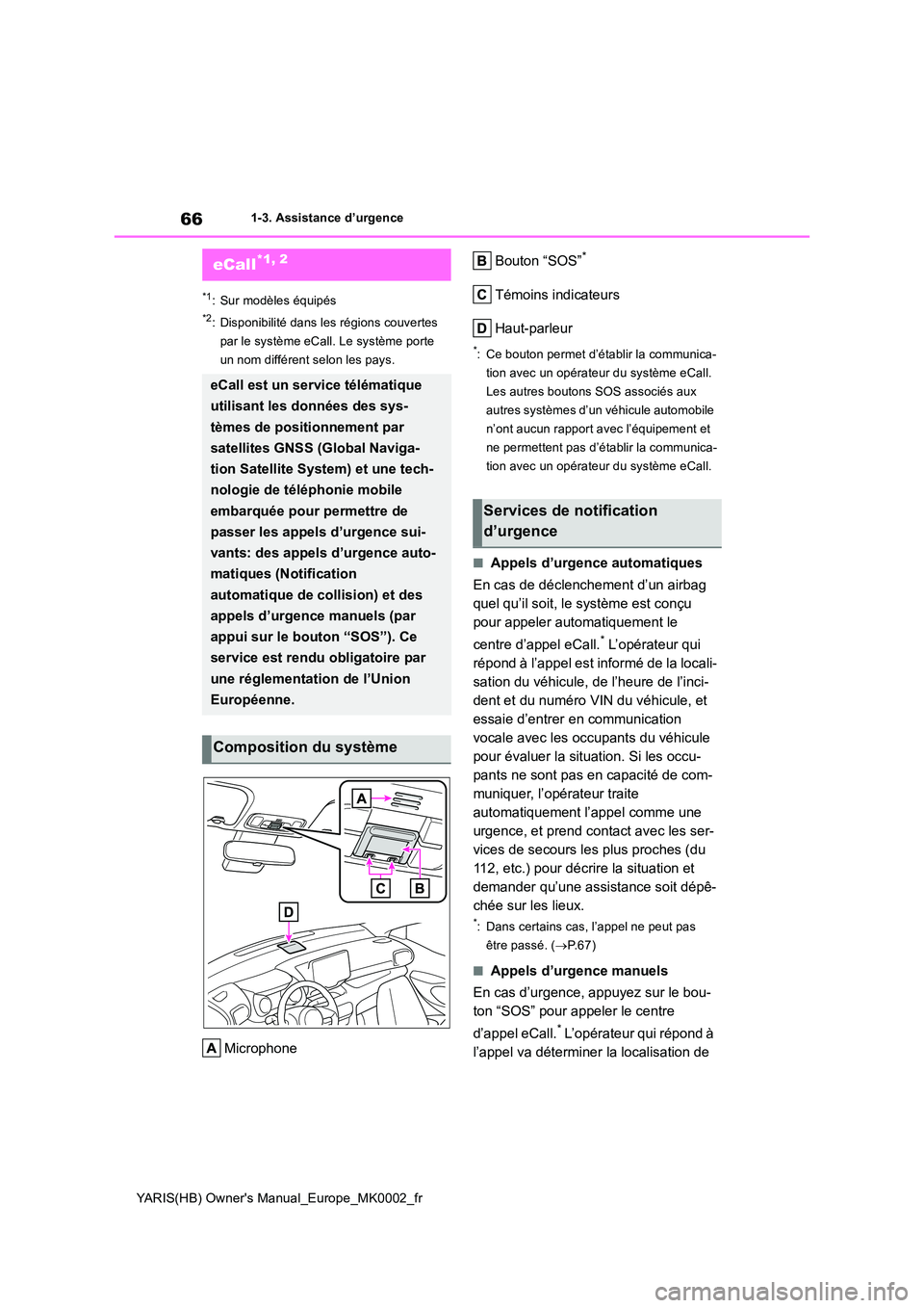 TOYOTA YARIS HATCHBACK 2021  Manuel du propriétaire (in French) 66
YARIS(HB) Owners Manual_Europe_MK0002_fr
1-3. Assistance d’urgence
1-3.Assistance  d ’urgenc e
*1: Sur modèles équipés
*2: Disponibilité dans les régions couvertes  
par le système eCall