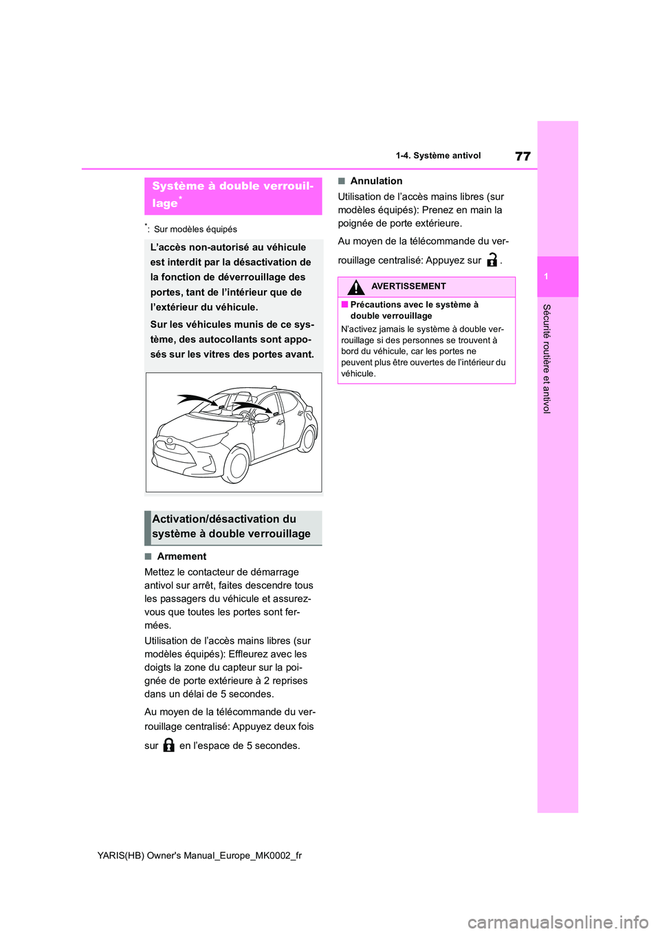 TOYOTA YARIS HATCHBACK 2021  Manuel du propriétaire (in French) 77
1
YARIS(HB) Owners Manual_Europe_MK0002_fr
1-4. Système antivol
Sécurité routière et antivol
*: Sur modèles équipés
■Armement 
Mettez le contacteur de démarrage  
antivol sur arrêt, fai