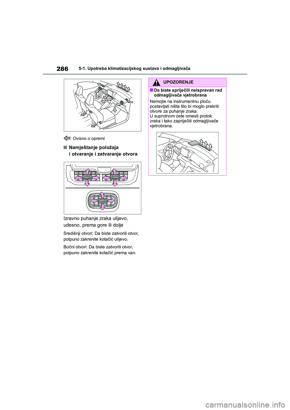 TOYOTA YARIS HATCHBACK 2021  Upute Za Rukovanje (in Croatian) 286
YARIS(HB) Owners Manual_Europe_MK0001_hr
5-1. Upotreba klimatizacijskog sustava i odmagljivača
: Ovisno o opremi
■Namještanje položaja 
i otvaranje i zatvaranje otvora
Izravno puhanje zraka 