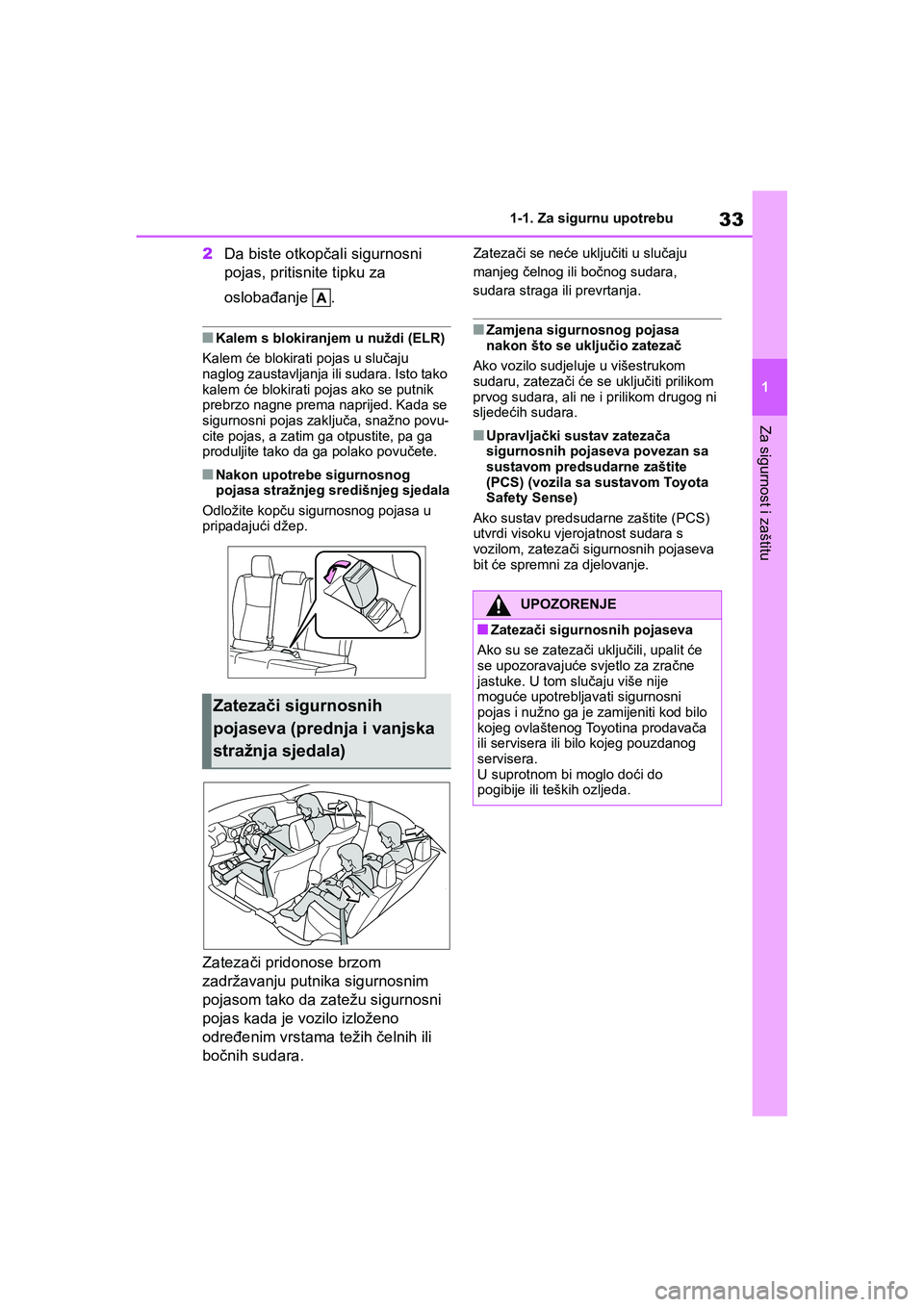 TOYOTA YARIS HATCHBACK 2021  Upute Za Rukovanje (in Croatian) 33
1
YARIS(HB) Owners Manual_Europe_MK0001_hr
1-1. Za sigurnu upotrebu
Za sigurnost i zaštitu
2Da biste otkopčali sigurnosni 
pojas, pritisnite tipku za 
oslobađanje .
■Kalem s blokiranjem u nu