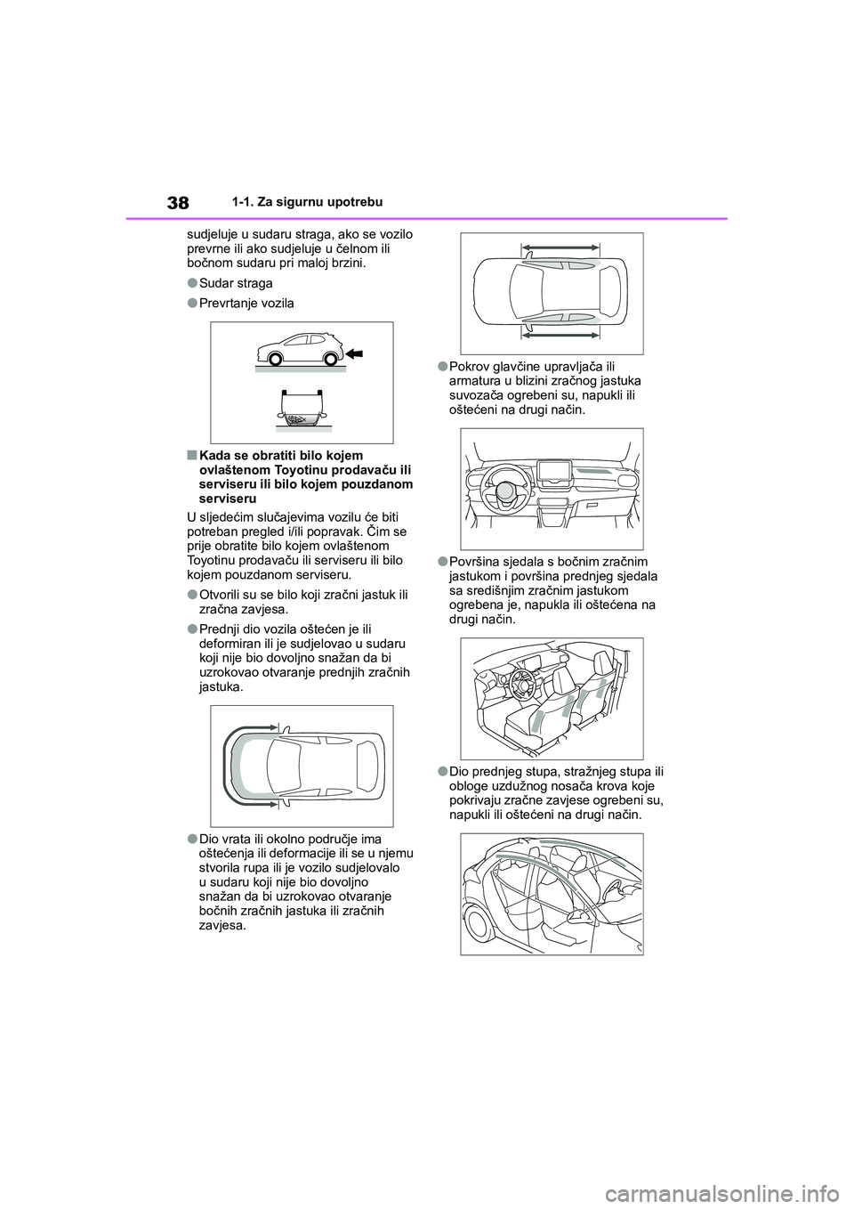 TOYOTA YARIS HATCHBACK 2021  Upute Za Rukovanje (in Croatian) 38
YARIS(HB) Owners Manual_Europe_MK0001_hr
1-1. Za sigurnu upotrebu
sudjeluje u sudaru straga, ako se vozilo 
prevrne ili ako sudjeluje u čelnom ili 
bočnom sudaru pri maloj brzini.
●Sudar strag