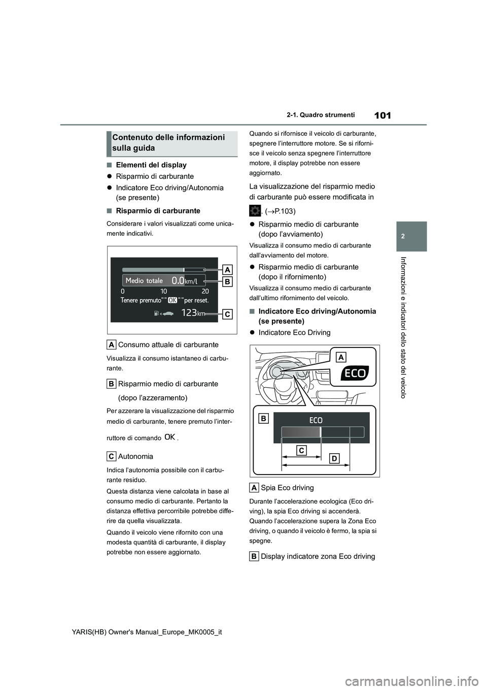 TOYOTA YARIS HATCHBACK 2021  Manuale duso (in Italian) 101
2
YARIS(HB) Owners Manual_Europe_MK0005_it
2-1. Quadro strumenti
Informazioni e indicatori dello stato del veicolo
■Elementi del display
�zRisparmio di carburante
�zIndicatore Eco driving/Auton