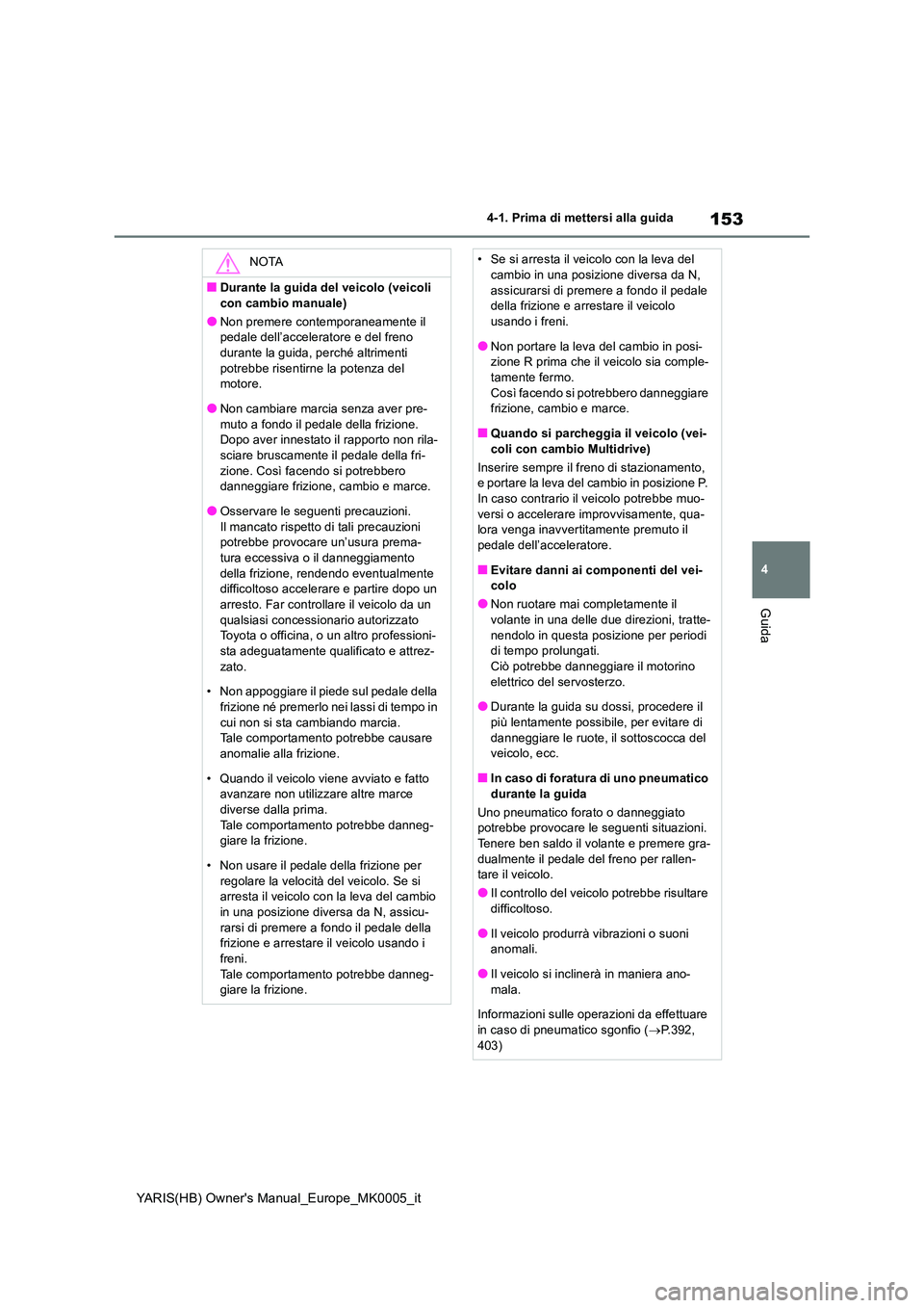 TOYOTA YARIS HATCHBACK 2021  Manuale duso (in Italian) 153
4
YARIS(HB) Owners Manual_Europe_MK0005_it
4-1. Prima di mettersi alla guida
Guida
NOTA
■Durante la guida del veicolo (veicoli  
con cambio manuale)
●Non premere contemporaneamente il  pedale