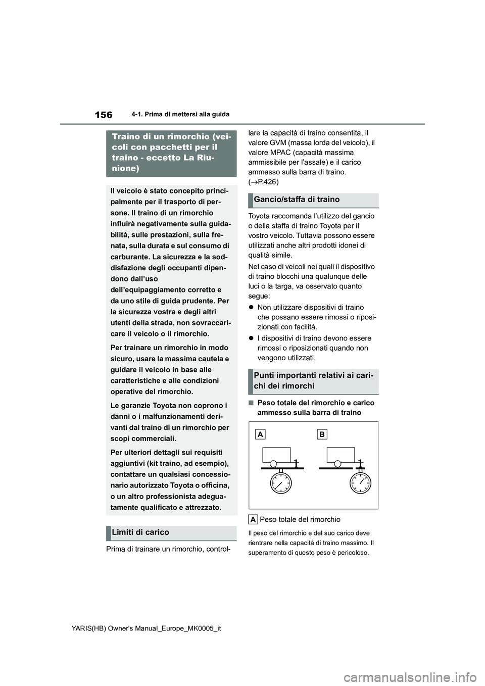 TOYOTA YARIS HATCHBACK 2021  Manuale duso (in Italian) 156
YARIS(HB) Owner's Manual_Europe_MK0005_it
4-1. Prima di mettersi alla guida
Prima di trainare un rimorchio, control-lare la capacità di traino consentita, il 
valore GVM (massa lorda del veic