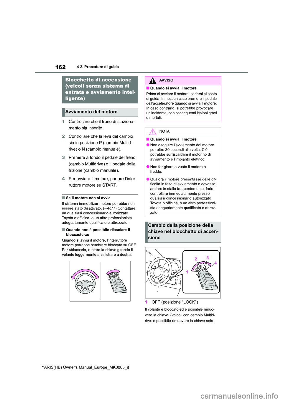 TOYOTA YARIS HATCHBACK 2021  Manuale duso (in Italian) 162
YARIS(HB) Owners Manual_Europe_MK0005_it
4-2. Procedure di guida
4-2.Pro cedure di gu ida
1Controllare che il freno di staziona- 
mento sia inserito. 
2 Controllare che la leva del cambio  
sia i