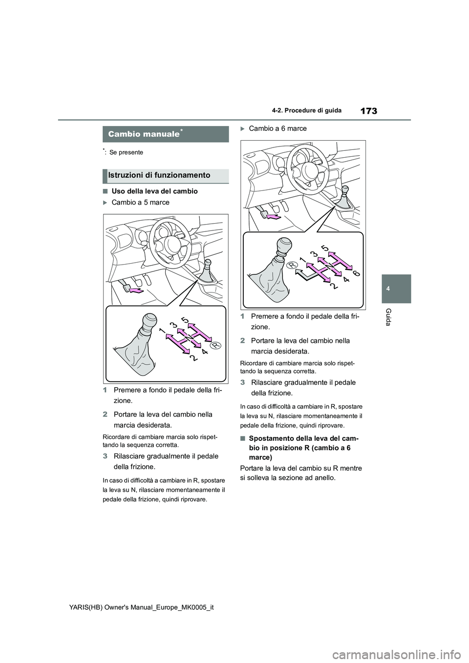 TOYOTA YARIS HATCHBACK 2021  Manuale duso (in Italian) 173
4
YARIS(HB) Owners Manual_Europe_MK0005_it
4-2. Procedure di guida
Guida
*: Se presente
■Uso della leva del cambio
Cambio a 5 marce 
1 Premere a fondo il pedale della fri- 
zione. 
2 Portare
