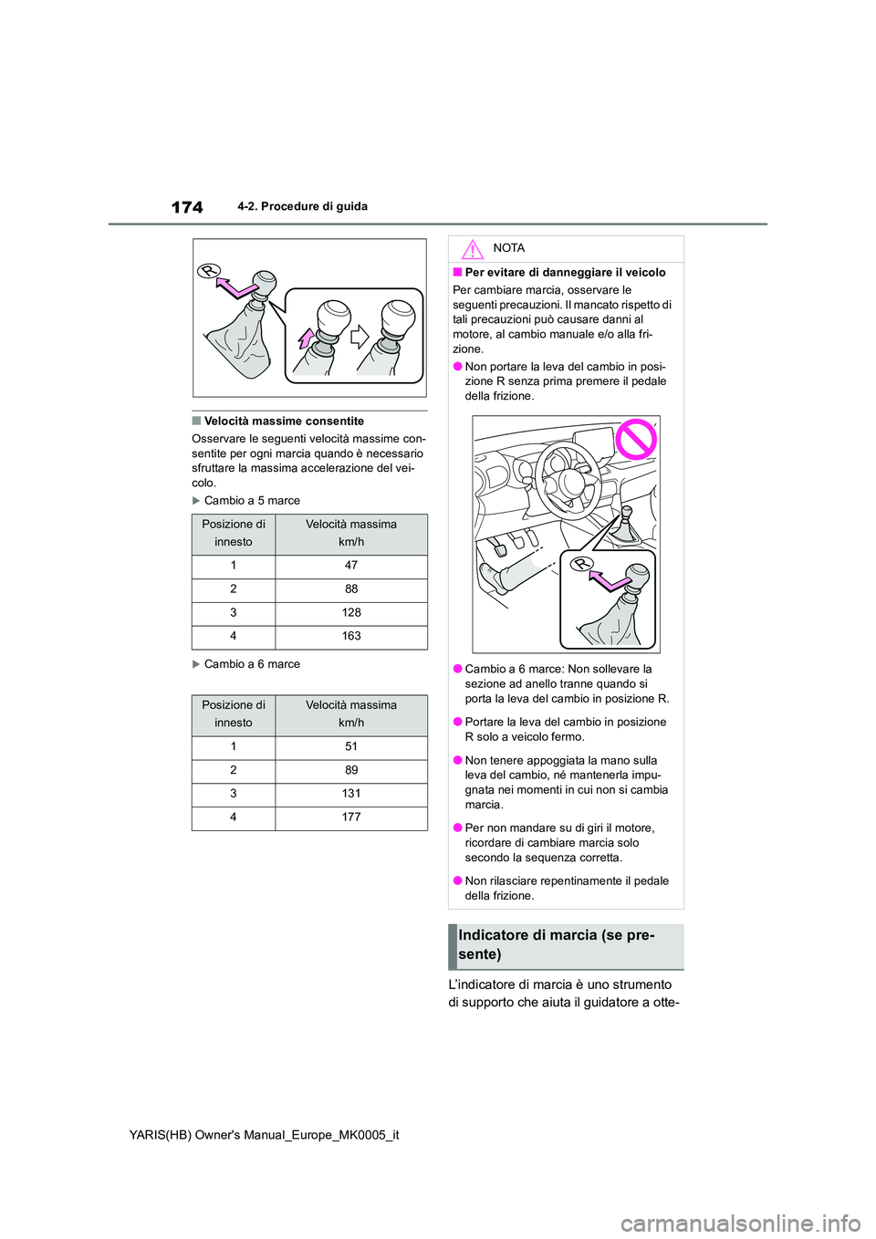 TOYOTA YARIS HATCHBACK 2021  Manuale duso (in Italian) 174
YARIS(HB) Owners Manual_Europe_MK0005_it
4-2. Procedure di guida
■Velocità massime consentite 
Osservare le seguenti velocità massime con- sentite per ogni marcia quando è necessario sfrutta