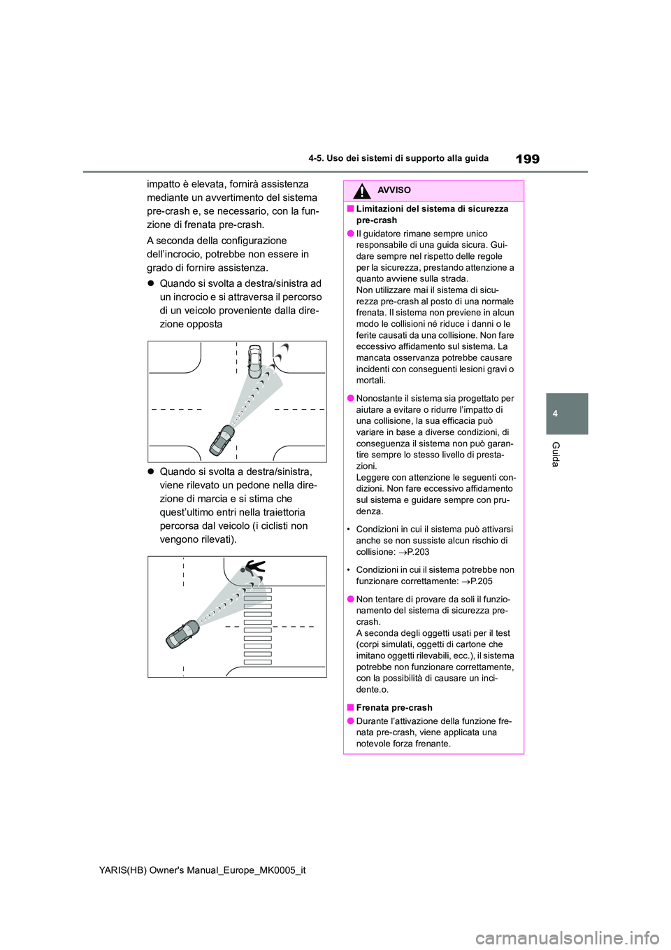 TOYOTA YARIS HATCHBACK 2021  Manuale duso (in Italian) 199
4
YARIS(HB) Owners Manual_Europe_MK0005_it
4-5. Uso dei sistemi di supporto alla guida
Guida
impatto è elevata, fornirà assistenza  
mediante un avvertimento del sistema 
pre-crash e, se necess