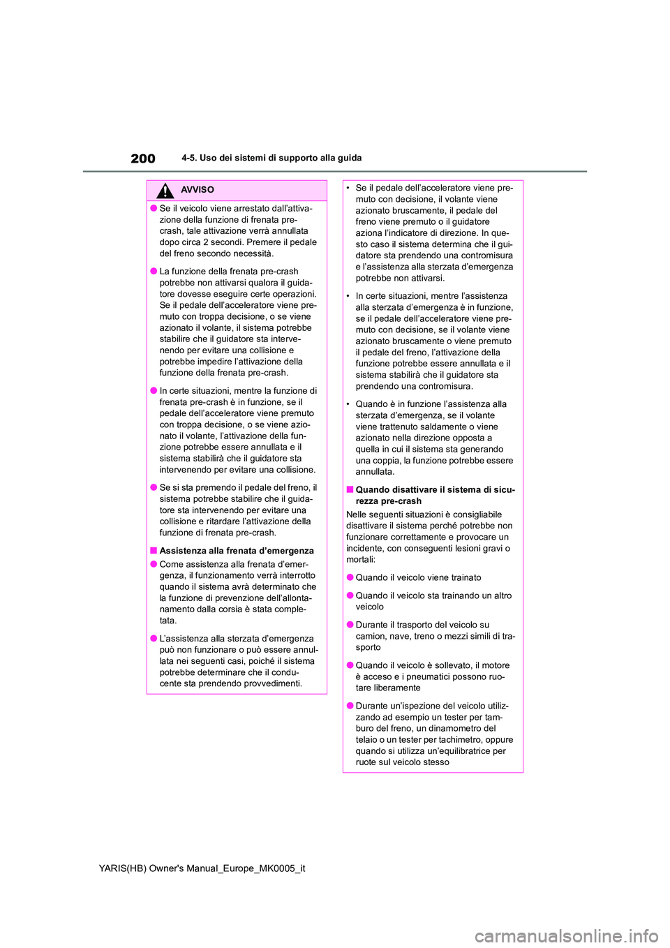 TOYOTA YARIS HATCHBACK 2021  Manuale duso (in Italian) 200
YARIS(HB) Owners Manual_Europe_MK0005_it
4-5. Uso dei sistemi di supporto alla guida
AVVISO
●Se il veicolo viene arrestato dall’attiva- 
zione della funzione di frenata pre- crash, tale attiv
