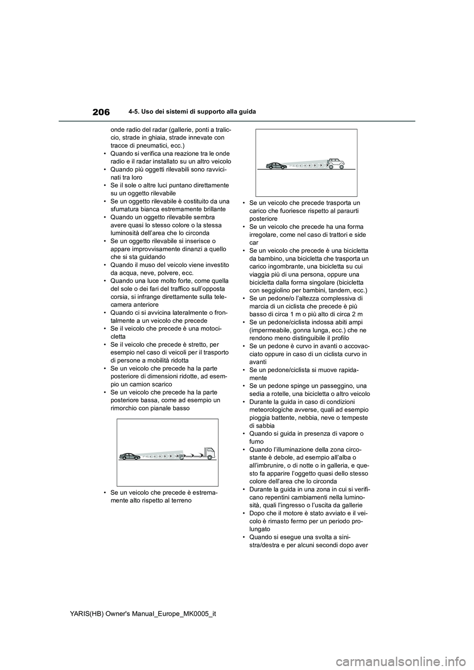 TOYOTA YARIS HATCHBACK 2021  Manuale duso (in Italian) 206
YARIS(HB) Owners Manual_Europe_MK0005_it
4-5. Uso dei sistemi di supporto alla guida
onde radio del radar (gallerie, ponti a tralic-
cio, strade in ghiaia, strade innevate con 
tracce di pneumati