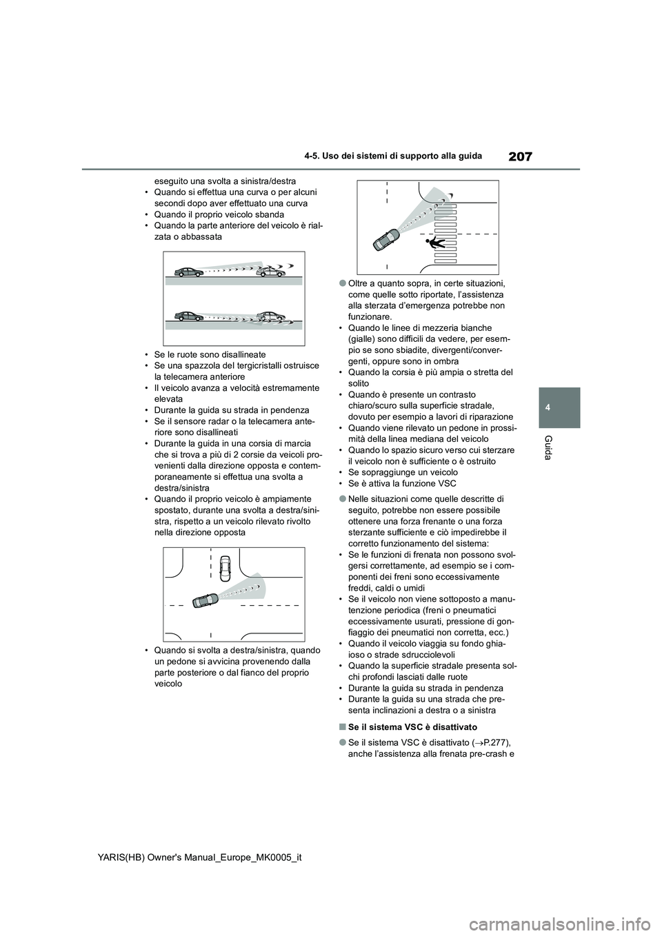 TOYOTA YARIS HATCHBACK 2021  Manuale duso (in Italian) 207
4
YARIS(HB) Owners Manual_Europe_MK0005_it
4-5. Uso dei sistemi di supporto alla guida
Guida
eseguito una svolta a sinistra/destra
• Quando si effettua una curva o per alcuni 
secondi dopo aver