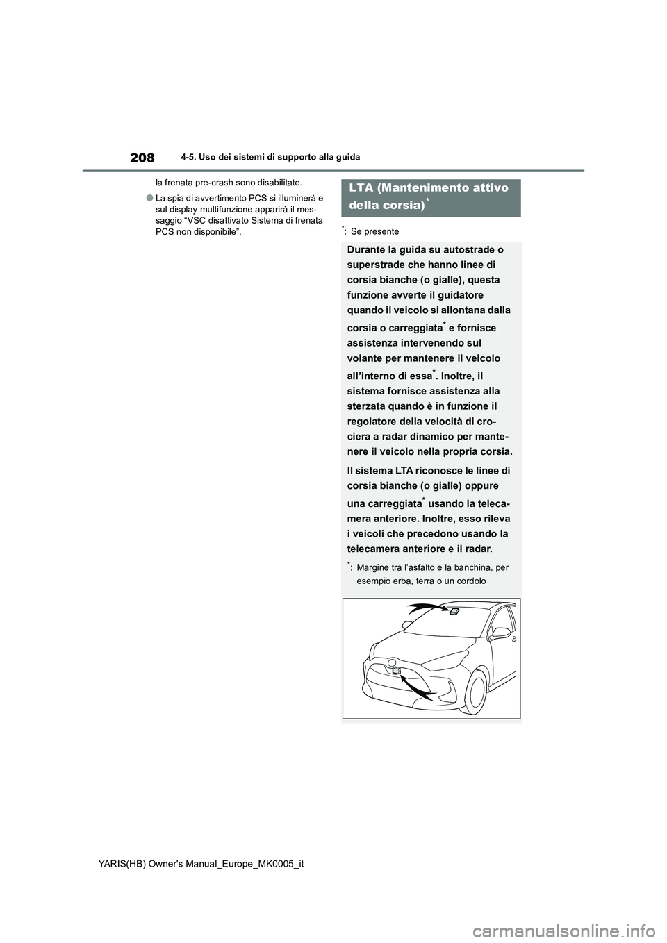 TOYOTA YARIS HATCHBACK 2021  Manuale duso (in Italian) 208
YARIS(HB) Owners Manual_Europe_MK0005_it
4-5. Uso dei sistemi di supporto alla guida
la frenata pre-crash sono disabilitate.
●La spia di avvertimento PCS si illuminerà e 
sul display multifunz