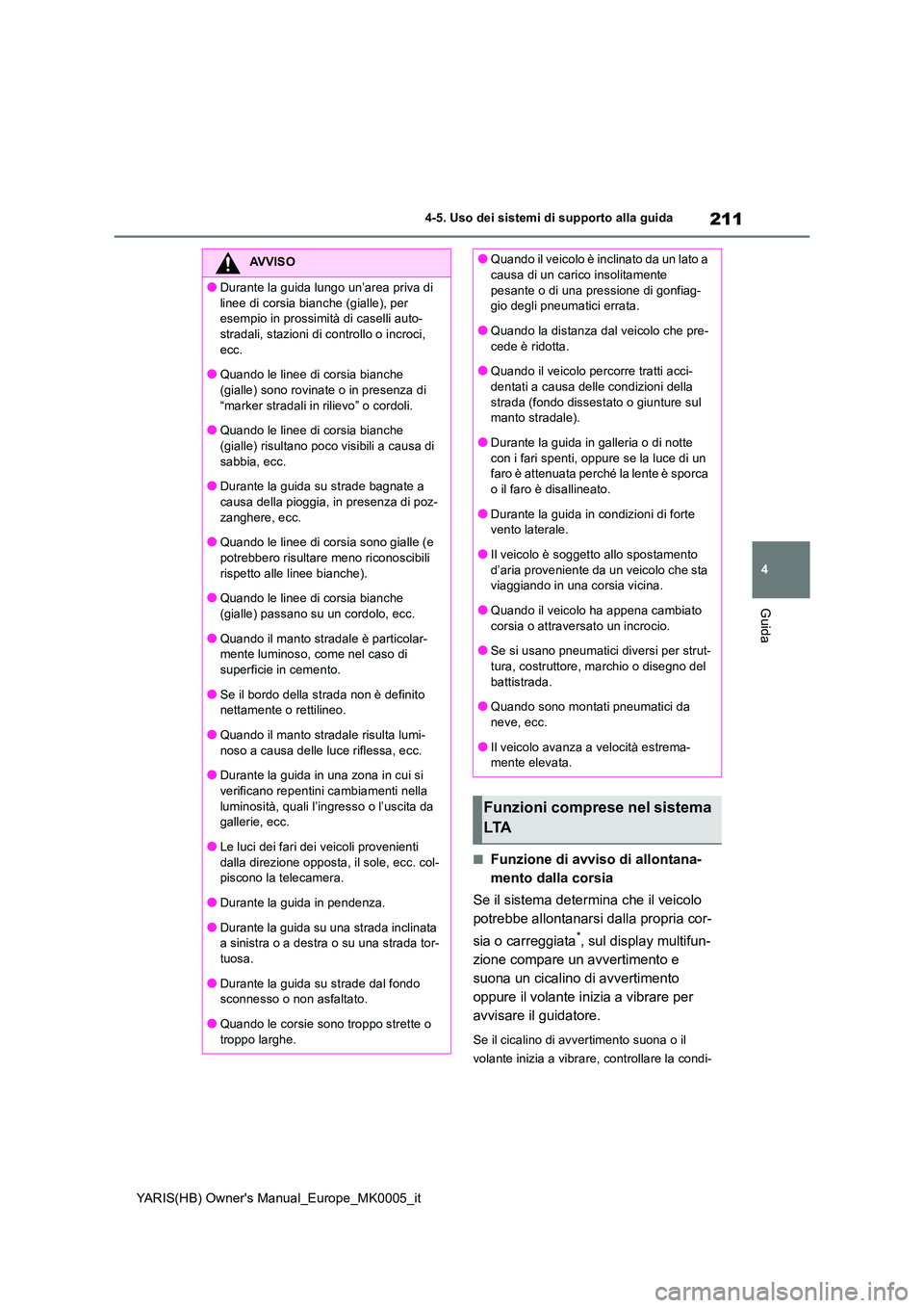 TOYOTA YARIS HATCHBACK 2021  Manuale duso (in Italian) 211
4
YARIS(HB) Owners Manual_Europe_MK0005_it
4-5. Uso dei sistemi di supporto alla guida
Guida
■Funzione di avviso di allontana- 
mento dalla corsia 
Se il sistema determina che il veicolo  
potr