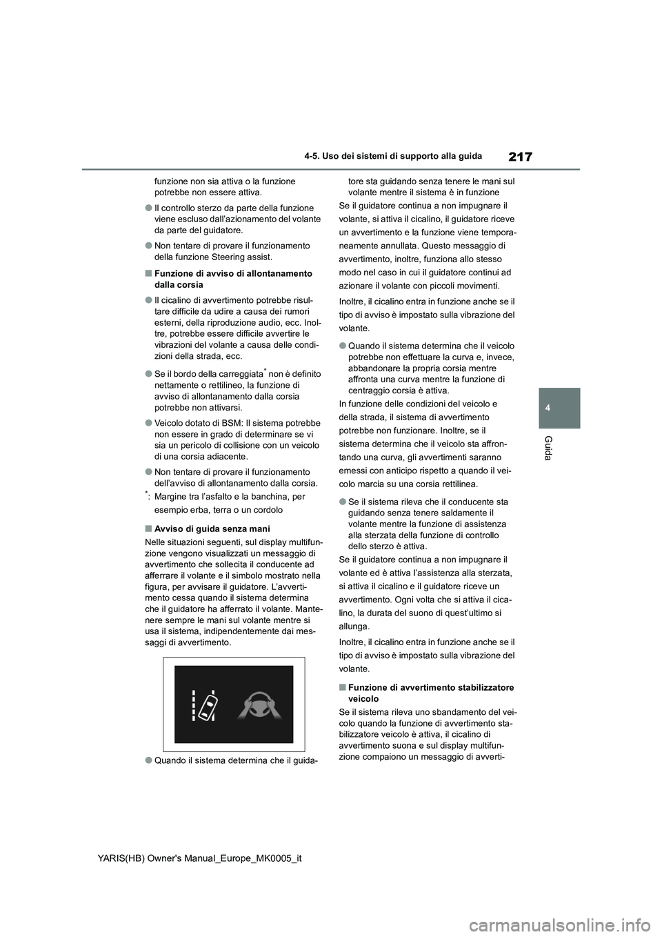 TOYOTA YARIS HATCHBACK 2021  Manuale duso (in Italian) 217
4
YARIS(HB) Owners Manual_Europe_MK0005_it
4-5. Uso dei sistemi di supporto alla guida
Guida
funzione non sia attiva o la funzione 
potrebbe non essere attiva.
●Il controllo sterzo da parte del