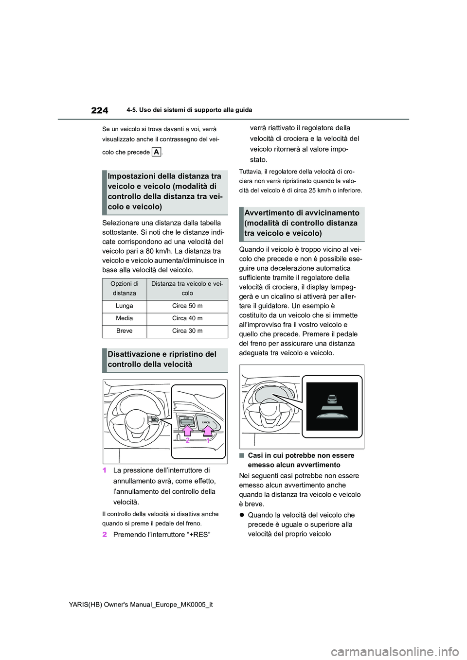 TOYOTA YARIS HATCHBACK 2021  Manuale duso (in Italian) 224
YARIS(HB) Owners Manual_Europe_MK0005_it
4-5. Uso dei sistemi di supporto alla guida 
Se un veicolo si trova davanti a voi, verrà  
visualizzato anche il contrassegno del vei- 
colo che precede 