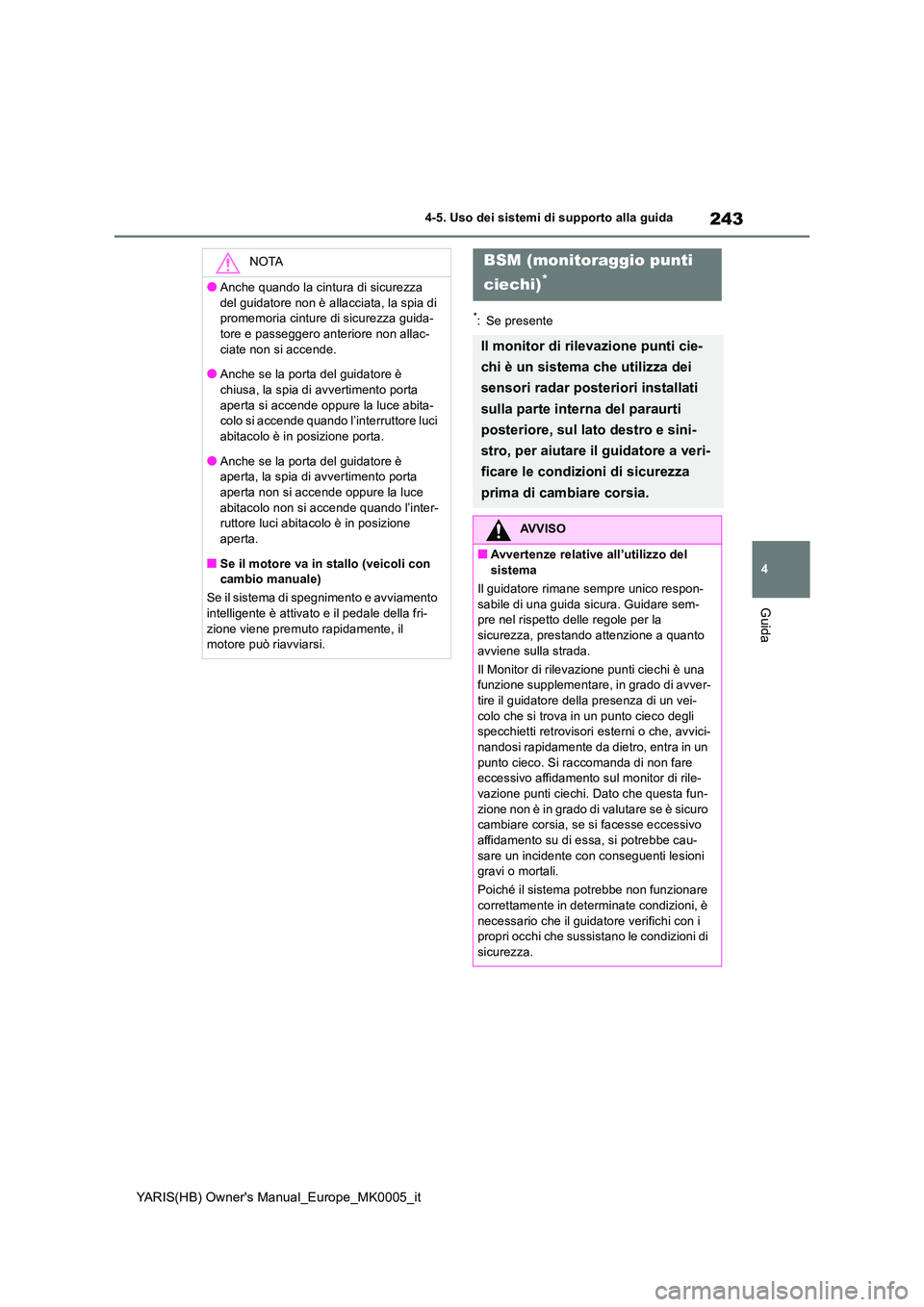 TOYOTA YARIS HATCHBACK 2021  Manuale duso (in Italian) 243
4
YARIS(HB) Owners Manual_Europe_MK0005_it
4-5. Uso dei sistemi di supporto alla guida
Guida
*: Se presente
NOTA
●Anche quando la cintura di sicurezza  
del guidatore non è allacciata, la spia