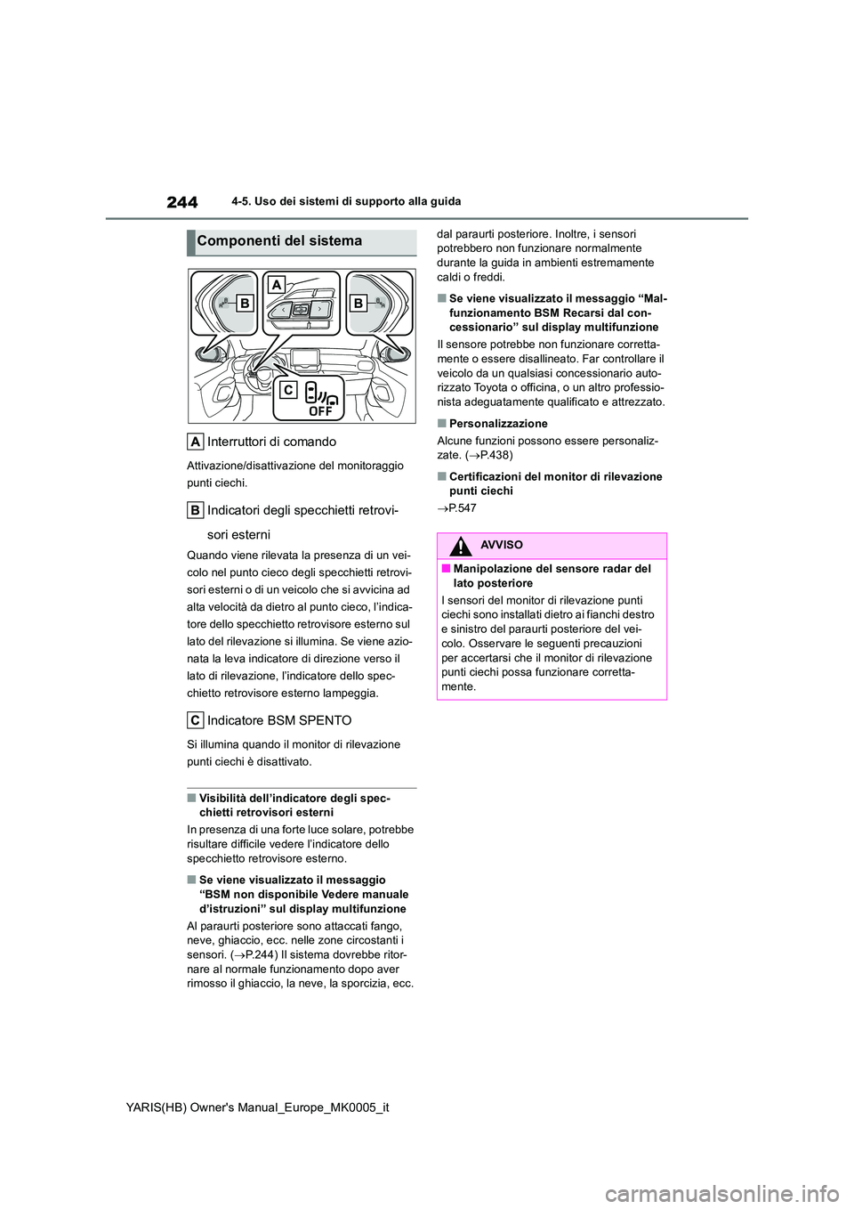 TOYOTA YARIS HATCHBACK 2021  Manuale duso (in Italian) 244
YARIS(HB) Owners Manual_Europe_MK0005_it
4-5. Uso dei sistemi di supporto alla guida
Interruttori di comando
Attivazione/disattivazione del monitoraggio  
punti ciechi.
Indicatori degli specchiet