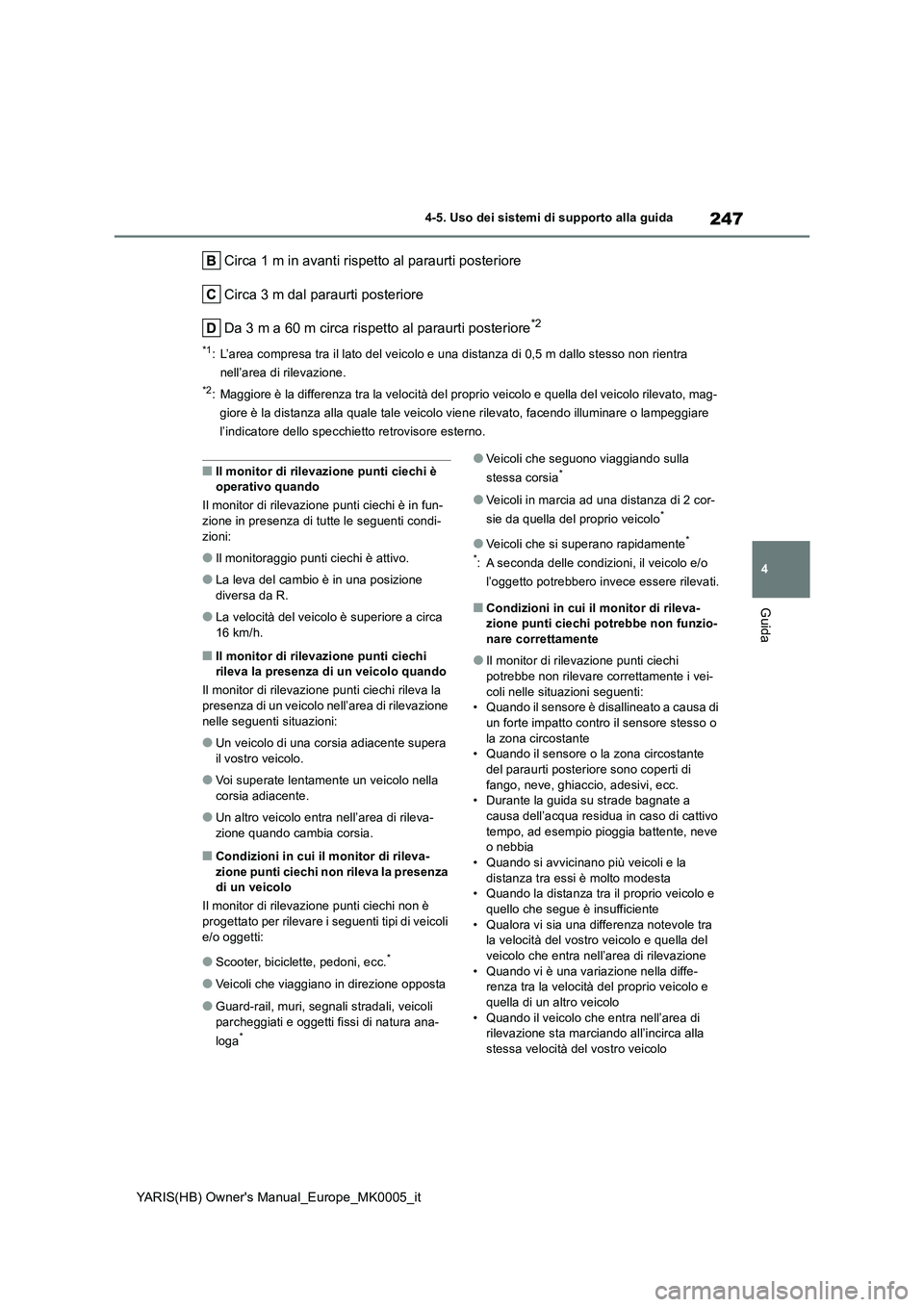 TOYOTA YARIS HATCHBACK 2021  Manuale duso (in Italian) 247
4
YARIS(HB) Owners Manual_Europe_MK0005_it
4-5. Uso dei sistemi di supporto alla guida
Guida
Circa 1 m in avanti rispetto al paraurti posteriore
Circa 3 m dal paraurti posteriore
Da 3 m a 60 m ci