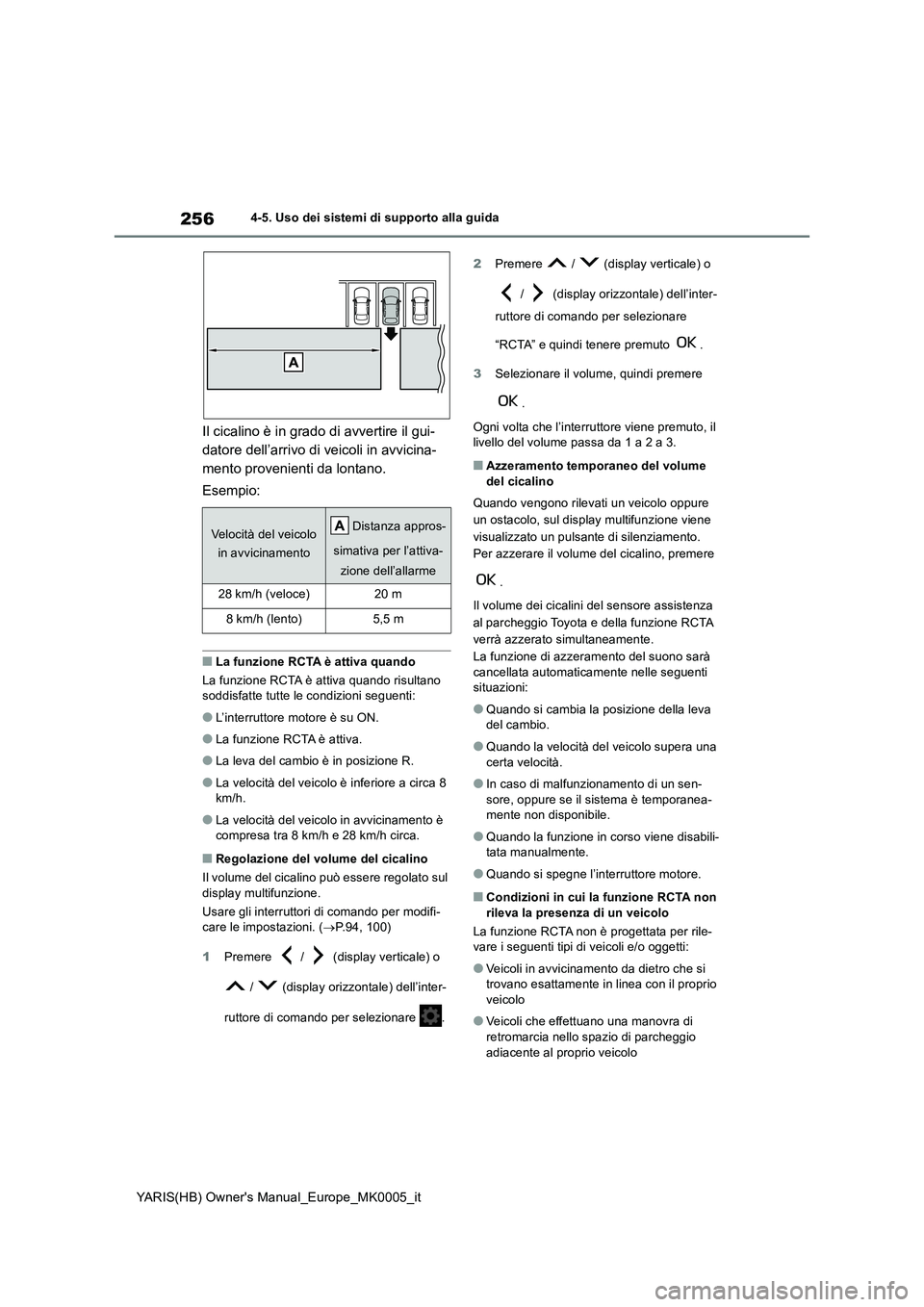 TOYOTA YARIS HATCHBACK 2021  Manuale duso (in Italian) 256
YARIS(HB) Owners Manual_Europe_MK0005_it
4-5. Uso dei sistemi di supporto alla guida
Il cicalino è in grado di avvertire il gui- 
datore dell’arrivo di veicoli in avvicina-
mento provenienti d