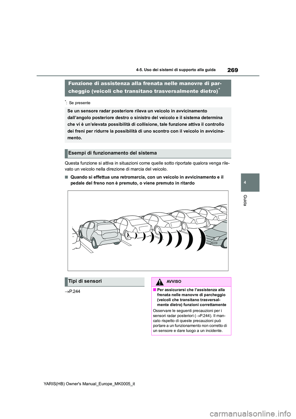 TOYOTA YARIS HATCHBACK 2021  Manuale duso (in Italian) 269
4
YARIS(HB) Owners Manual_Europe_MK0005_it
4-5. Uso dei sistemi di supporto alla guida
Guida
*: Se presente
Questa funzione si attiva in situazioni come quelle sotto riportate qualora venga rile-