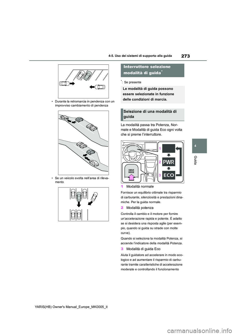 TOYOTA YARIS HATCHBACK 2021  Manuale duso (in Italian) 273
4
YARIS(HB) Owners Manual_Europe_MK0005_it
4-5. Uso dei sistemi di supporto alla guida
Guida
• Durante la retromarcia in pendenza con un  improvviso cambiamento di pendenza 
• Se un veicolo s
