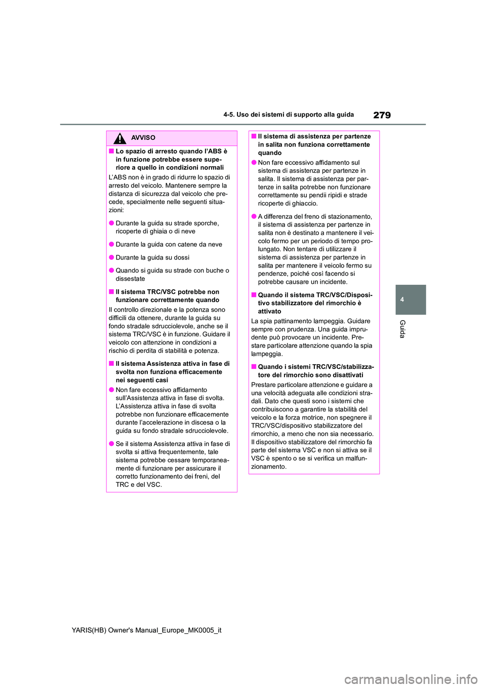 TOYOTA YARIS HATCHBACK 2021  Manuale duso (in Italian) 279
4
YARIS(HB) Owners Manual_Europe_MK0005_it
4-5. Uso dei sistemi di supporto alla guida
Guida
AVVISO
■Lo spazio di arresto quando l’ABS è  
in funzione potrebbe essere supe- riore a quello in