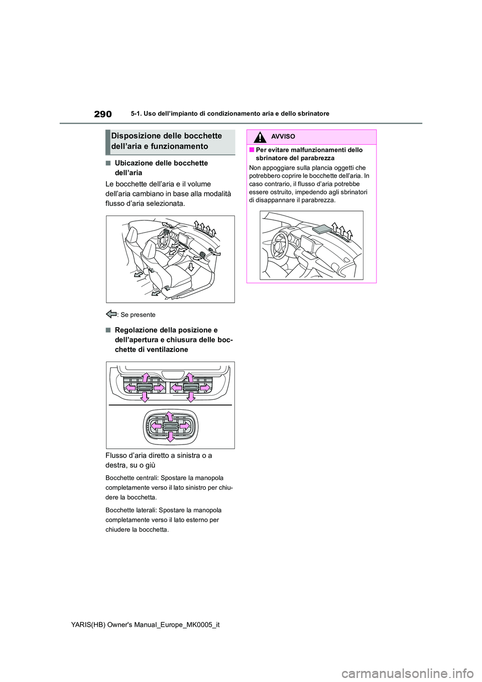 TOYOTA YARIS HATCHBACK 2021  Manuale duso (in Italian) 290
YARIS(HB) Owners Manual_Europe_MK0005_it
5-1. Uso dell’impianto di condizionamento aria e dello sbrinatore
■Ubicazione delle bocchette  
dell’aria 
Le bocchette dell’aria e il volume  
de