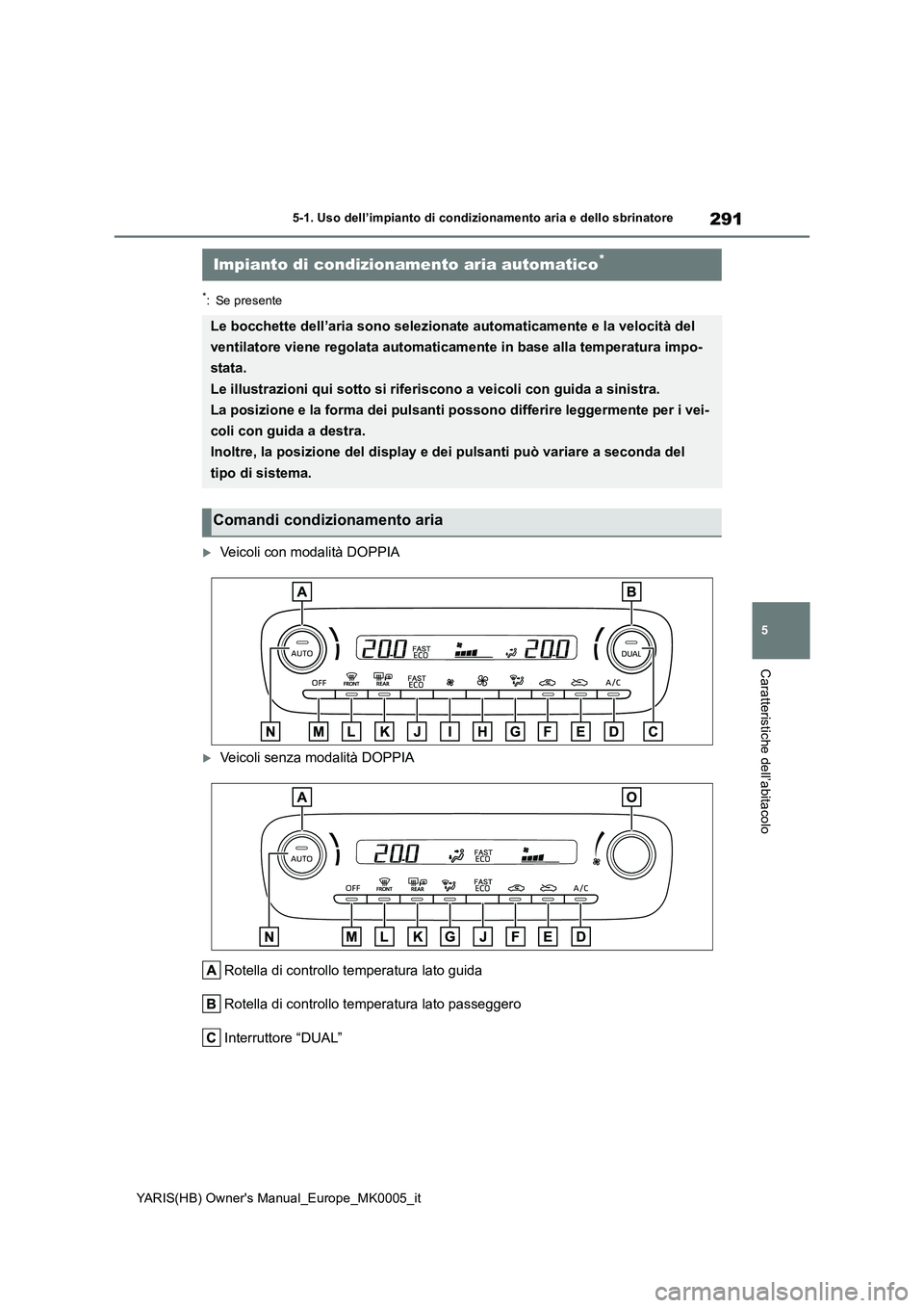 TOYOTA YARIS HATCHBACK 2021 Manuale duso (in Italian) 291
5
YARIS(HB) Owners Manual_Europe_MK0005_it
5-1. Uso dell’impianto di condizionamento aria e dello sbrinatore
Caratteristiche dell’abitacolo
*: Se presente
Veicoli con modalità DOPPIA
V TOYOTA YARIS HATCHBACK 2021 Manuale duso (in Italian) 291
5
YARIS(HB) Owners Manual_Europe_MK0005_it
5-1. Uso dell’impianto di condizionamento aria e dello sbrinatore
Caratteristiche dell’abitacolo
*: Se presente
Veicoli con modalità DOPPIA
V