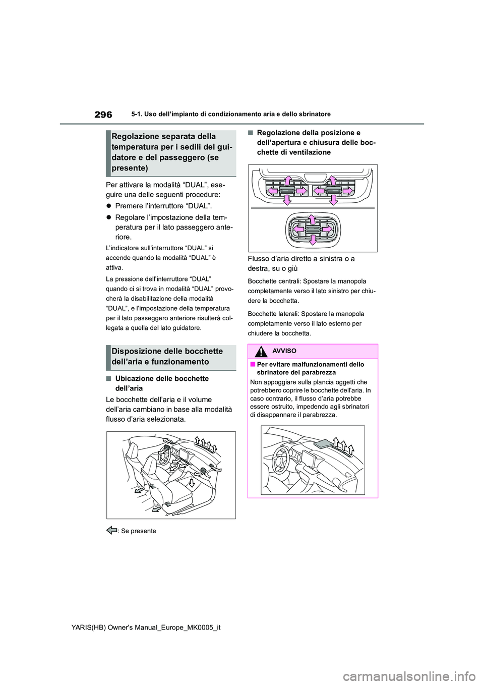 TOYOTA YARIS HATCHBACK 2021  Manuale duso (in Italian) 296
YARIS(HB) Owners Manual_Europe_MK0005_it
5-1. Uso dell’impianto di condizionamento aria e dello sbrinatore
Per attivare la modalità “DUAL”, ese- 
guire una delle seguenti procedure: 
�z Pr