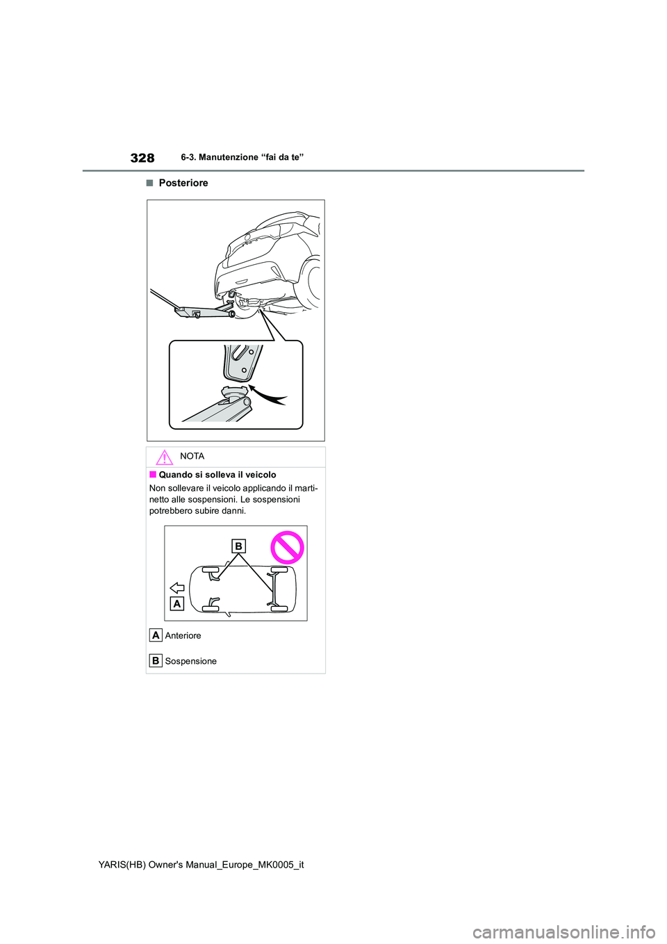 TOYOTA YARIS HATCHBACK 2021  Manuale duso (in Italian) 328
YARIS(HB) Owners Manual_Europe_MK0005_it
6-3. Manutenzione “fai da te”
■Posteriore
NOTA
■Quando si solleva il veicolo 
Non sollevare il veicolo applicando il marti- 
netto alle sospension
