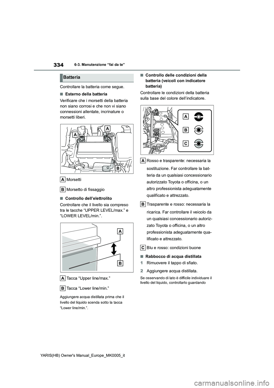TOYOTA YARIS HATCHBACK 2021 Manuale duso (in Italian) 334
YARIS(HB) Owners Manual_Europe_MK0005_it
6-3. Manutenzione “fai da te”
Controllare la batteria come segue.
■Esterno della batteria
Verificare che i morsetti della batteria
non siano corros TOYOTA YARIS HATCHBACK 2021 Manuale duso (in Italian) 334
YARIS(HB) Owners Manual_Europe_MK0005_it
6-3. Manutenzione “fai da te”
Controllare la batteria come segue.
■Esterno della batteria
Verificare che i morsetti della batteria
non siano corros