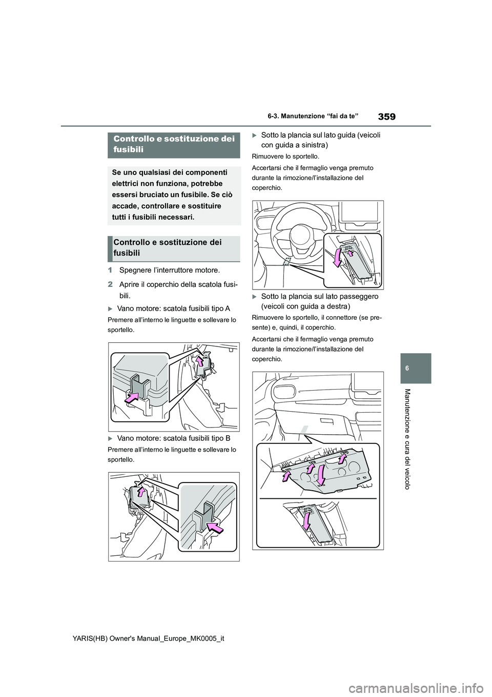TOYOTA YARIS HATCHBACK 2021  Manuale duso (in Italian) 359
6
YARIS(HB) Owners Manual_Europe_MK0005_it
6-3. Manutenzione “fai da te”
Manutenzione e cura del veicolo
1Spegnere l’interruttore motore. 
2 Aprire il coperchio della scatola fusi- 
bili.
