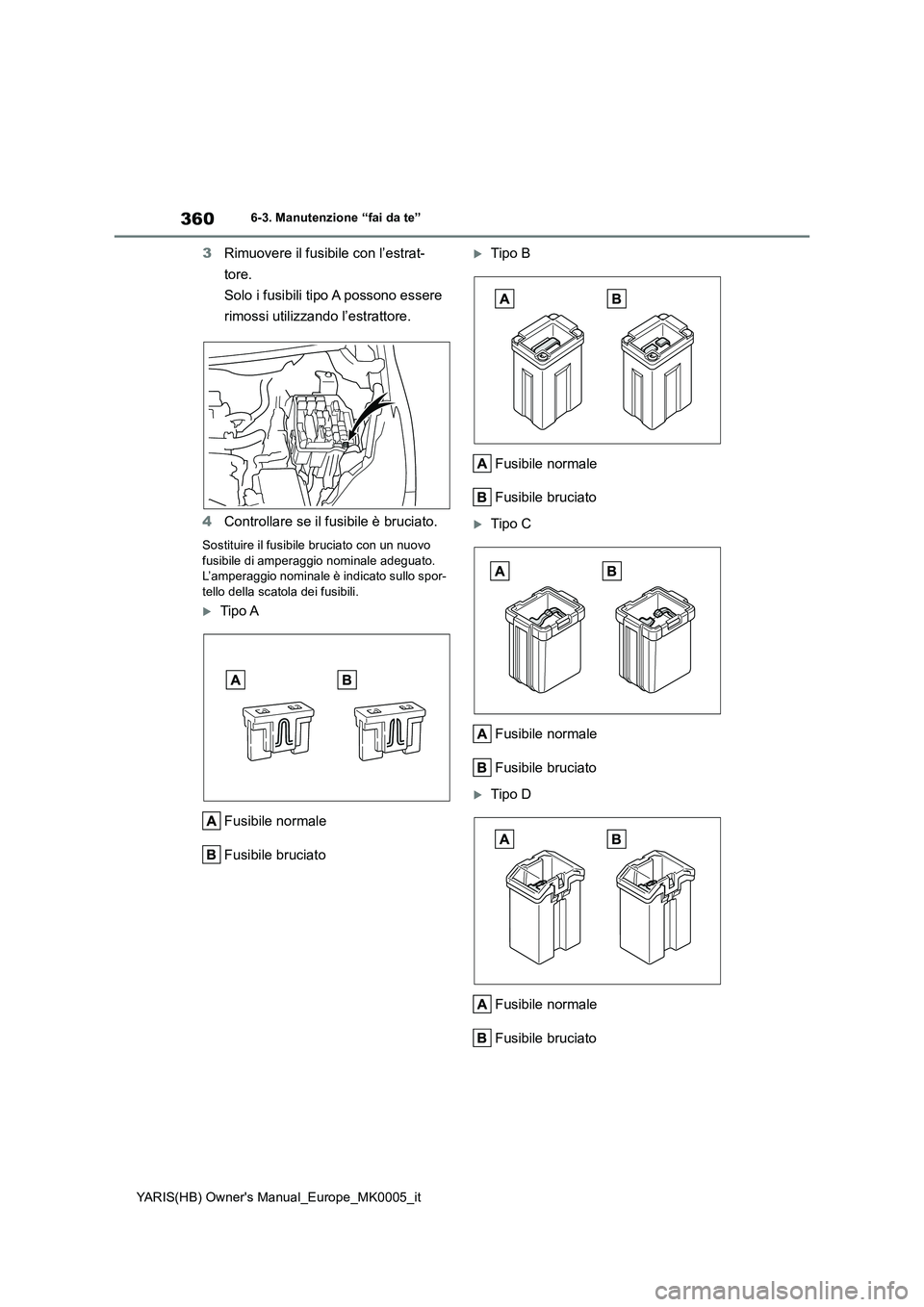TOYOTA YARIS HATCHBACK 2021  Manuale duso (in Italian) 360
YARIS(HB) Owners Manual_Europe_MK0005_it
6-3. Manutenzione “fai da te”
3Rimuovere il fusibile con l’estrat-
tore.
Solo i fusibili tipo A possono essere 
rimossi utilizzando l’estrattore.
